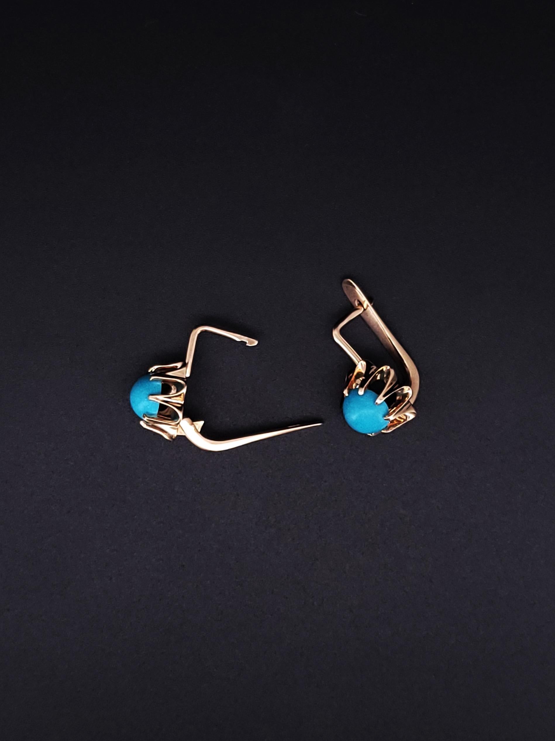 Soviet 14k Gold Turquoise Flower Earrings For Sale 1