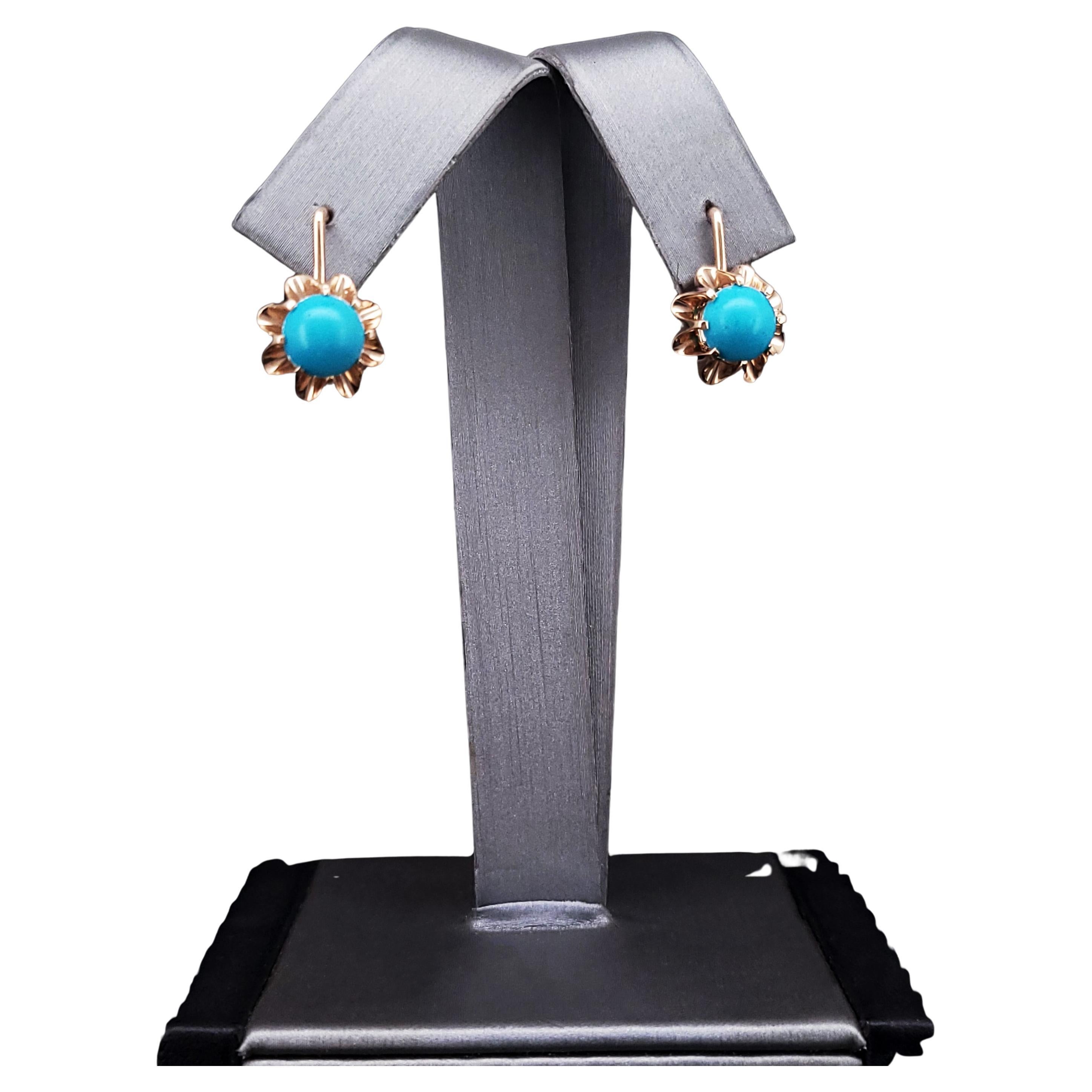 Soviet 14k Gold Turquoise Flower Earrings