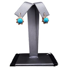 Soviet 14k Gold Turquoise Flower Earrings
