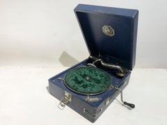 Soviet Blue Portable Suitcase Gramophone by Artel Grammophon Leningrand