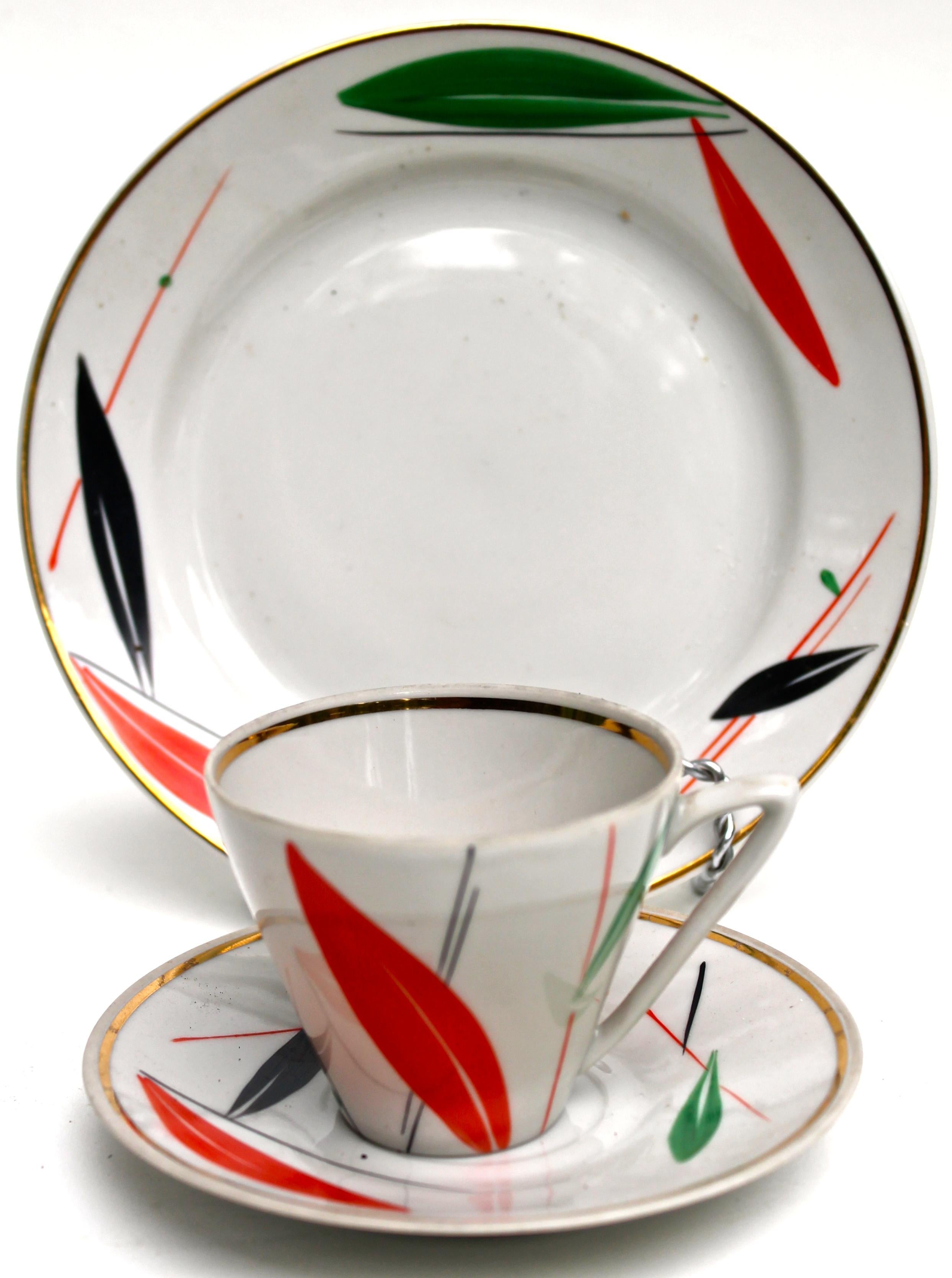 All hand painted and signed made in Soviet Ukraine. Cup is 5.8cm high, saucer 12cm diameter and the dessert 17cm. diameter.