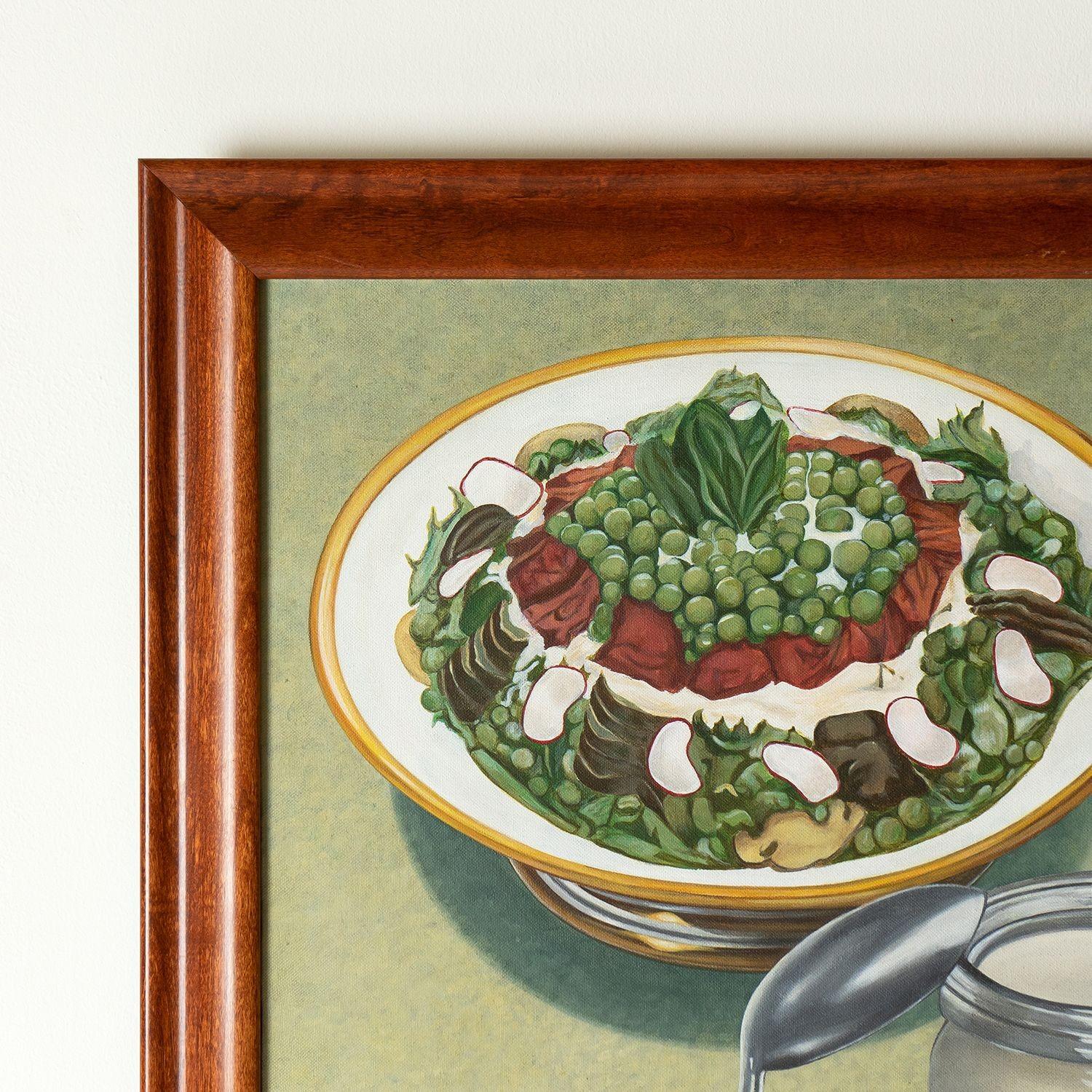 Hand-Painted Soviet Mayonnaise and Salad Still Life Oil by Elena Khudiakova, 1990s Vintage For Sale