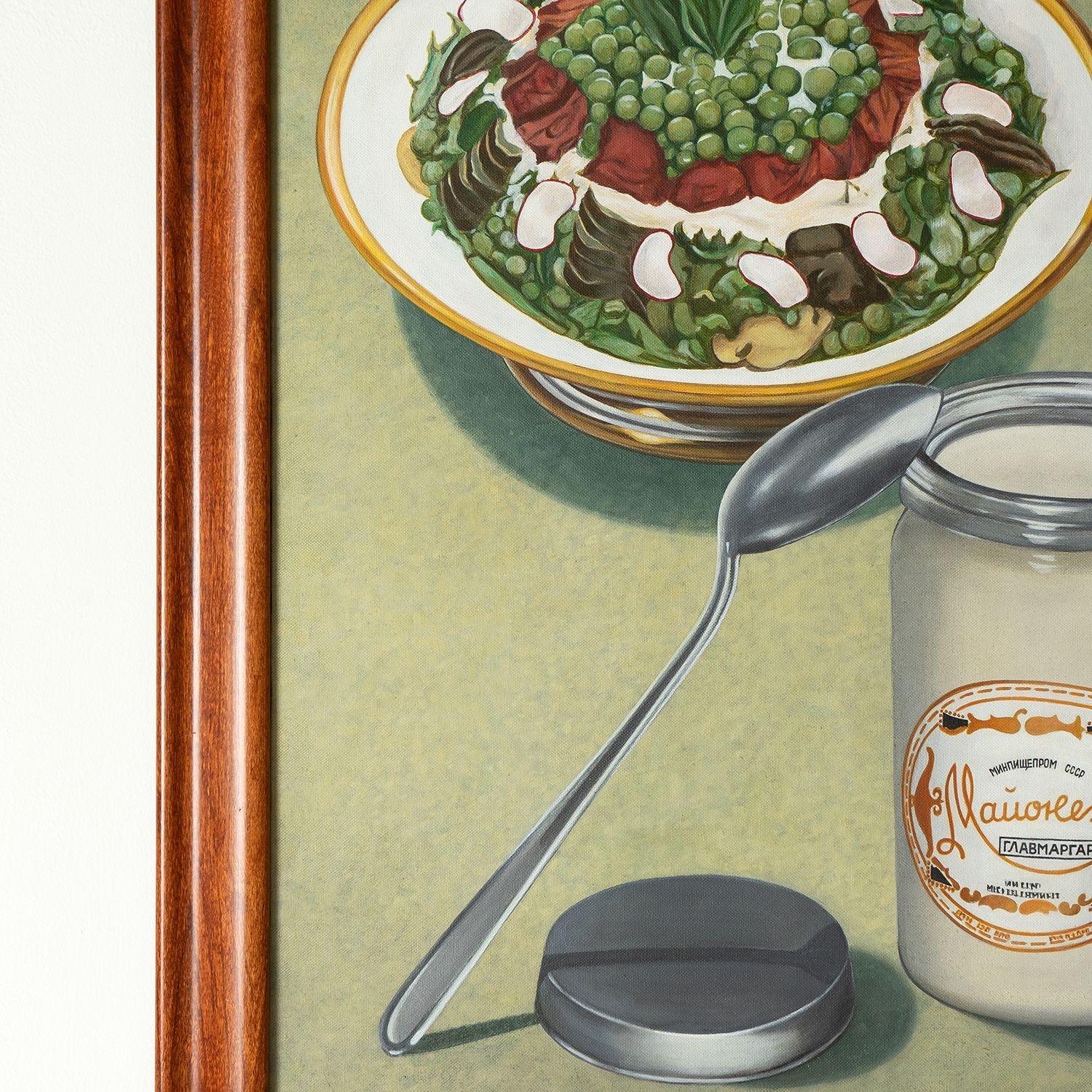 Soviet Mayonnaise and Salad Still Life Oil by Elena Khudiakova, 1990s Vintage In Good Condition For Sale In Bristol, GB