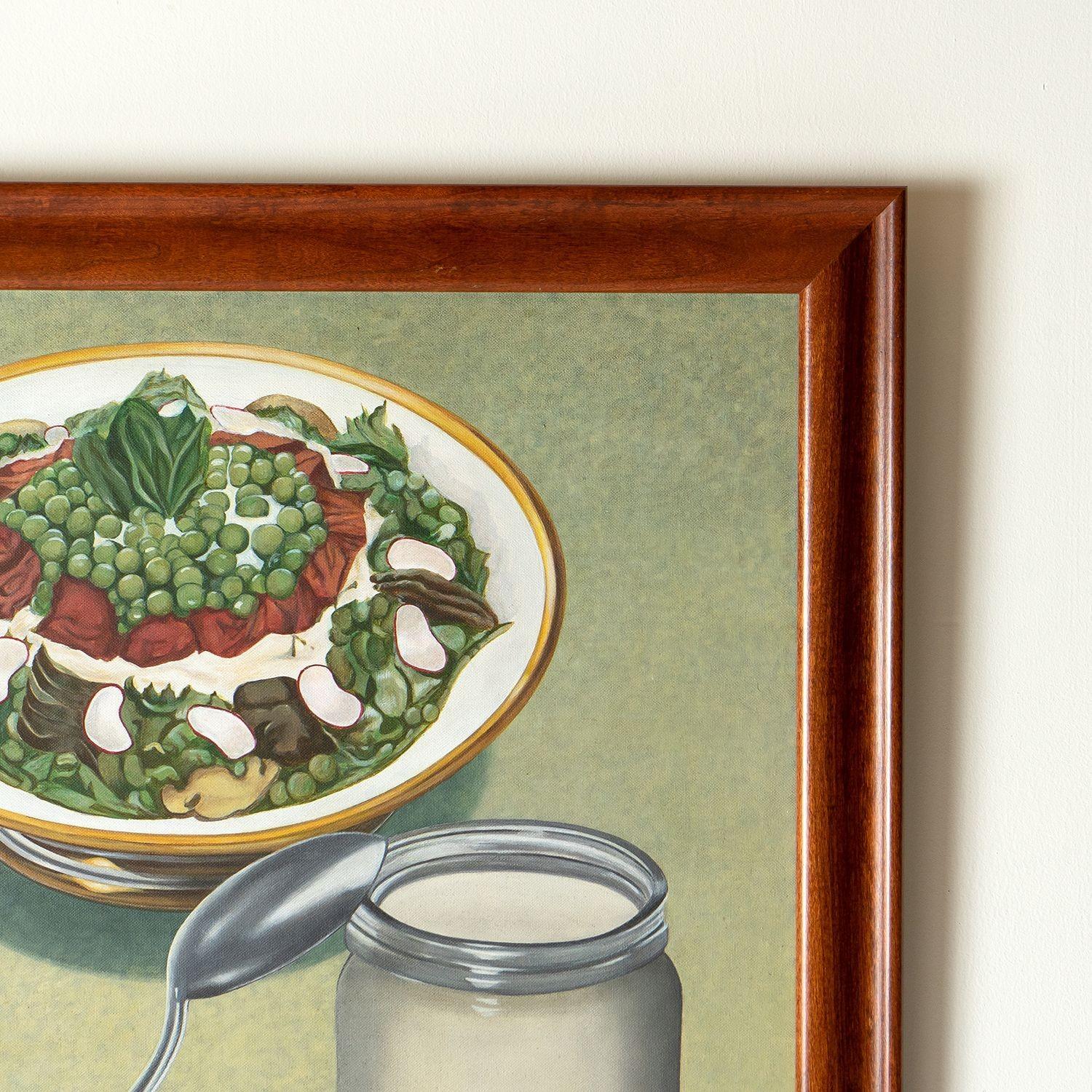 Canvas Soviet Mayonnaise and Salad Still Life Oil by Elena Khudiakova, 1990s Vintage For Sale