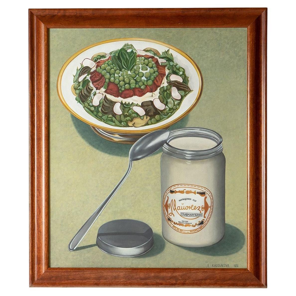 Soviet Mayonnaise and Salad Still Life Oil by Elena Khudiakova, 1990s Vintage For Sale