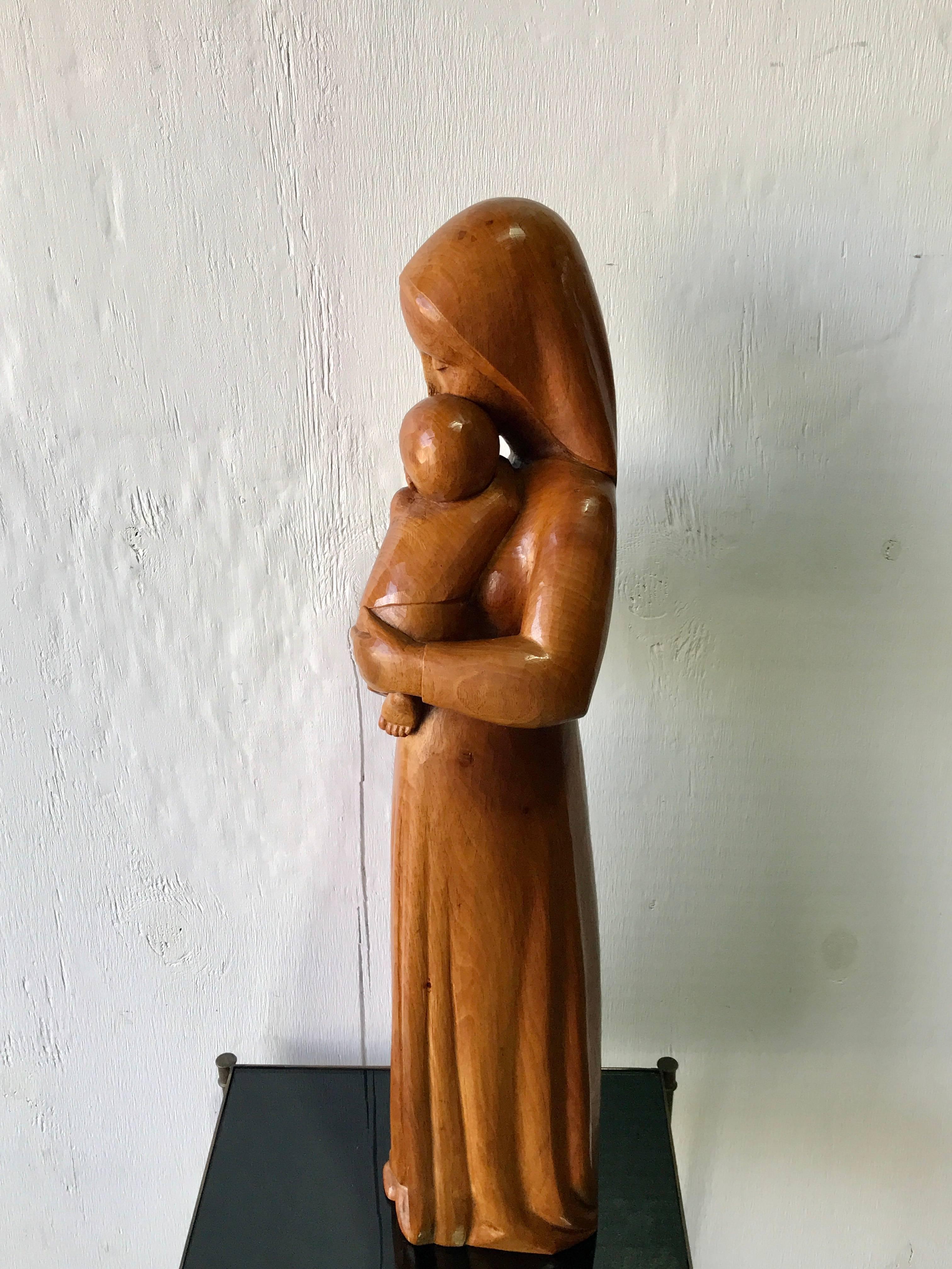 Soviet Midcentury Elm Wood Carving of Madonna and Child 3