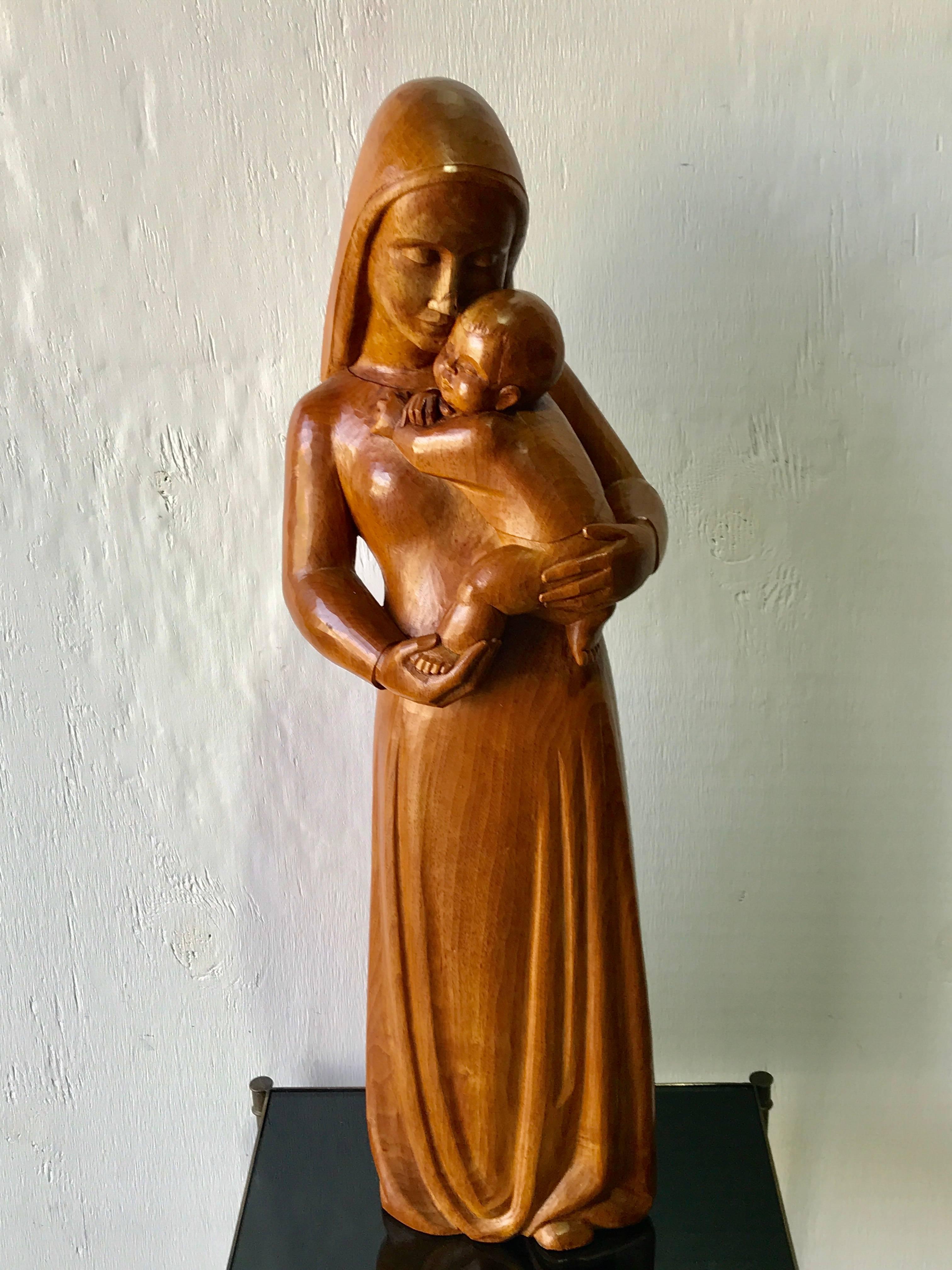 Midcentury soviet wood carving of Madonna and child, well carved, sensitive, with finite detail signed with a cipher of sickle and cross.