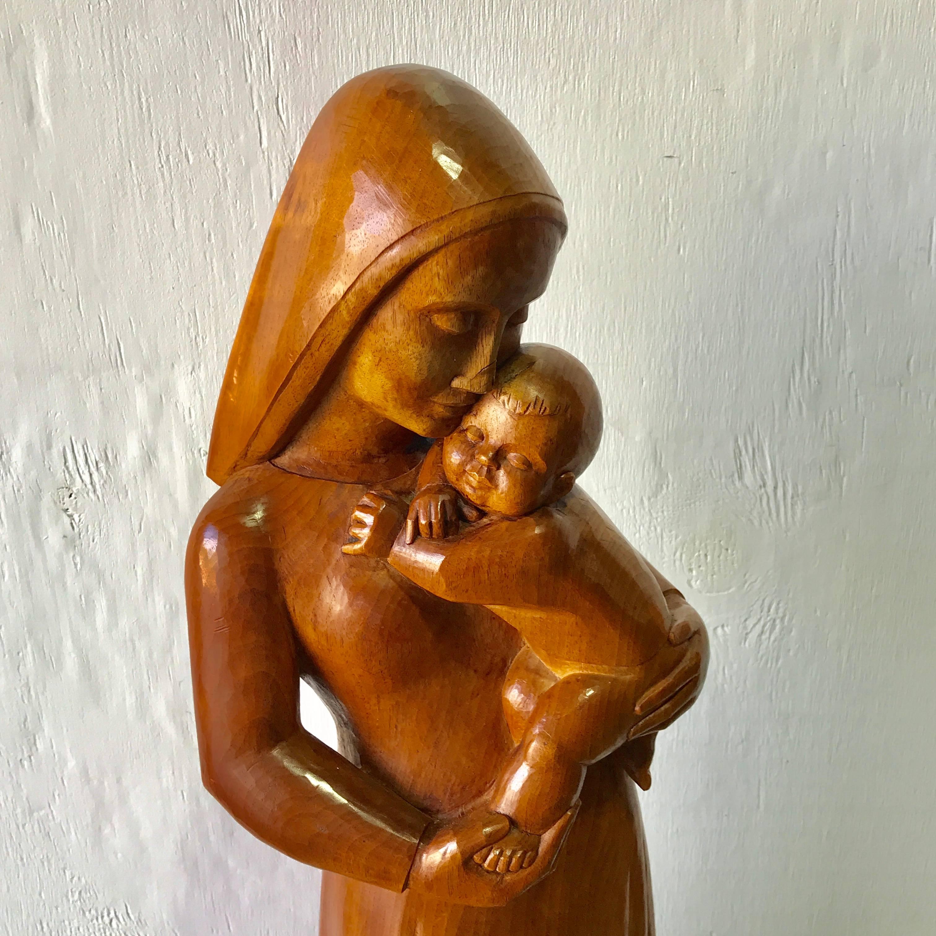 Mid-Century Modern Soviet Midcentury Elm Wood Carving of Madonna and Child