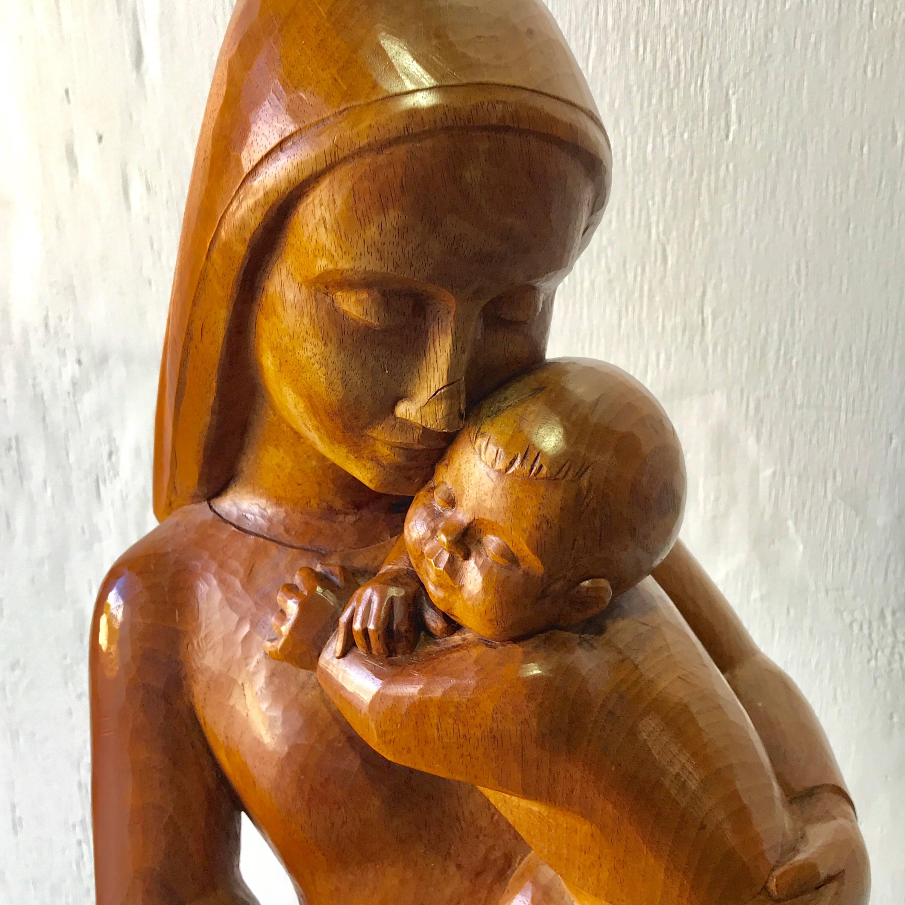 Russian Soviet Midcentury Elm Wood Carving of Madonna and Child