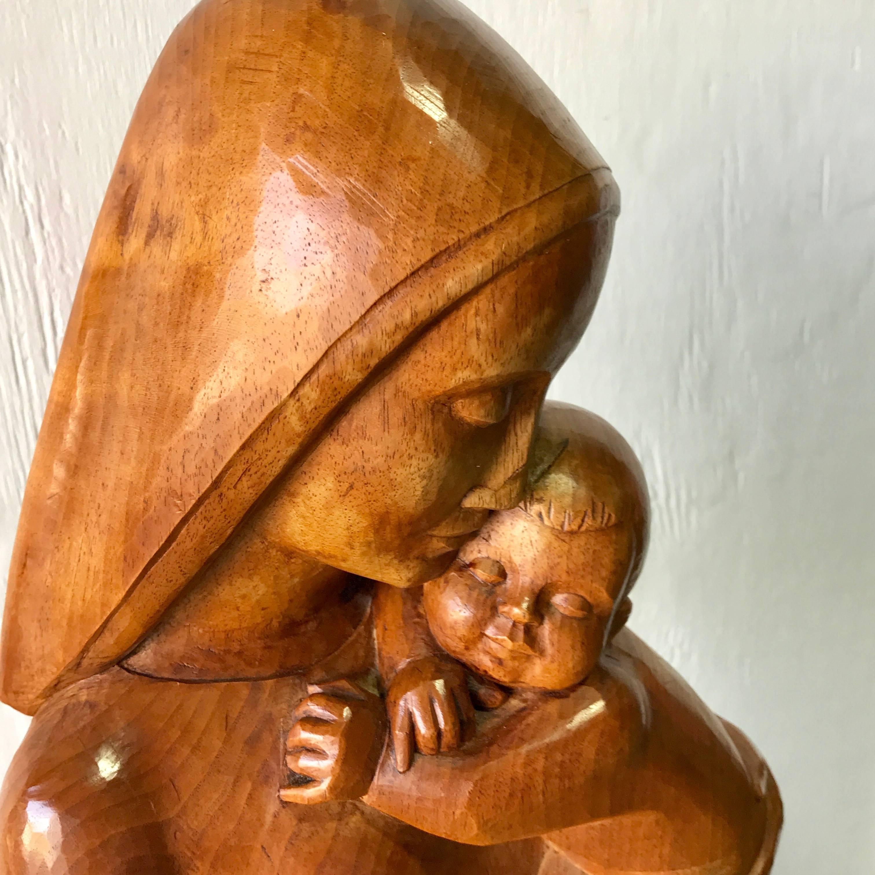 Carved Soviet Midcentury Elm Wood Carving of Madonna and Child
