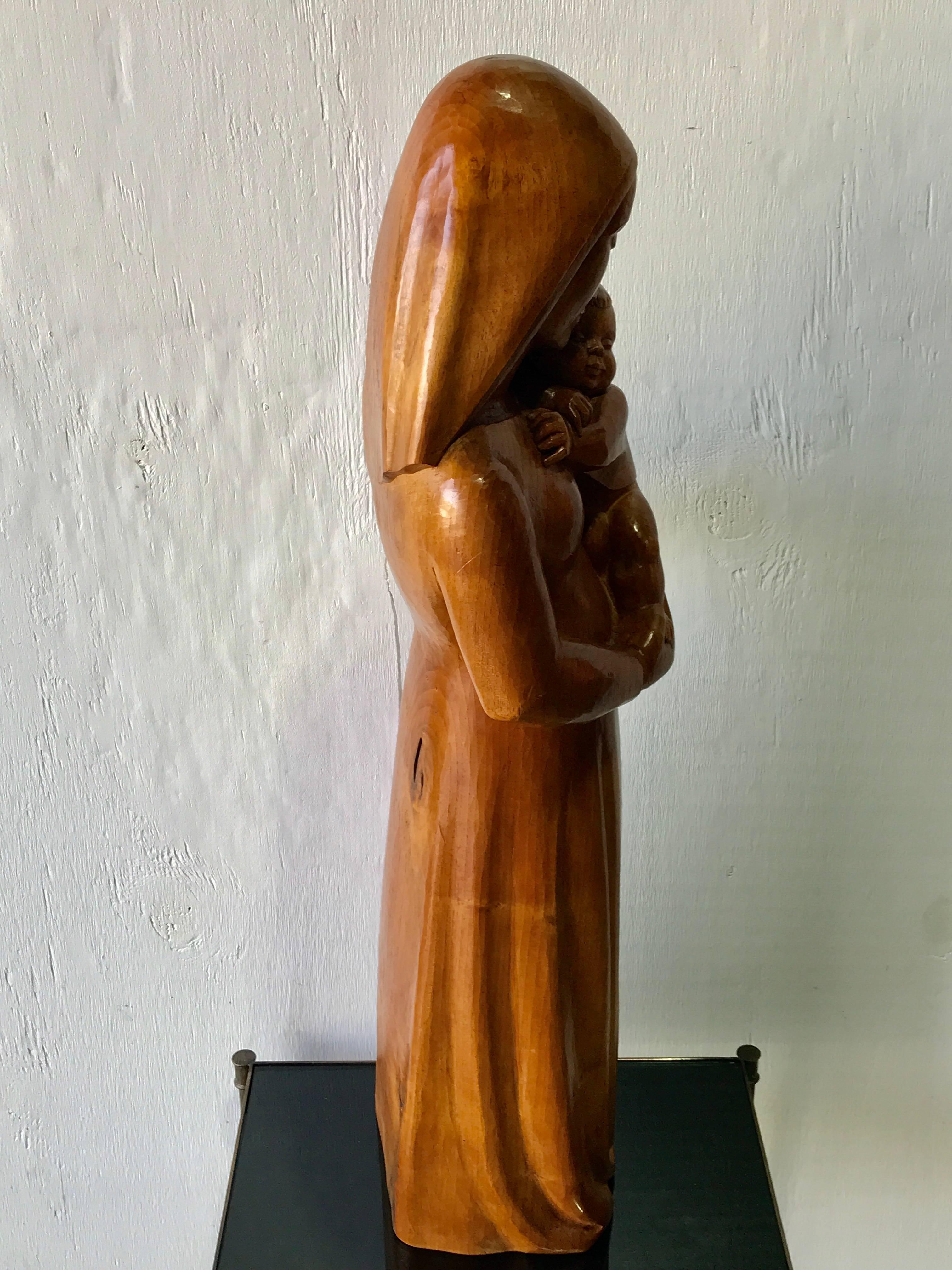 20th Century Soviet Midcentury Elm Wood Carving of Madonna and Child