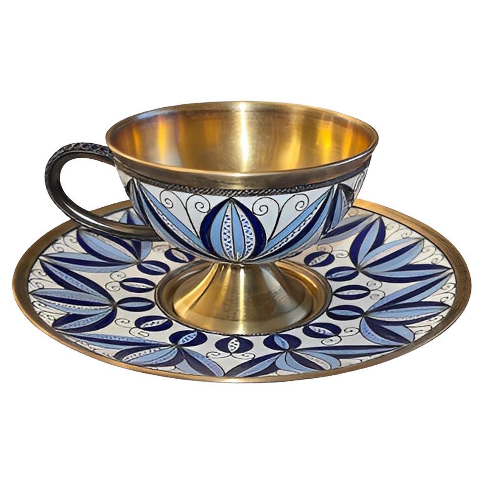 Soviet Russian 916 Silver Gilt Enamel Cup & Saucer, Leningrad. Mid-20th Century.