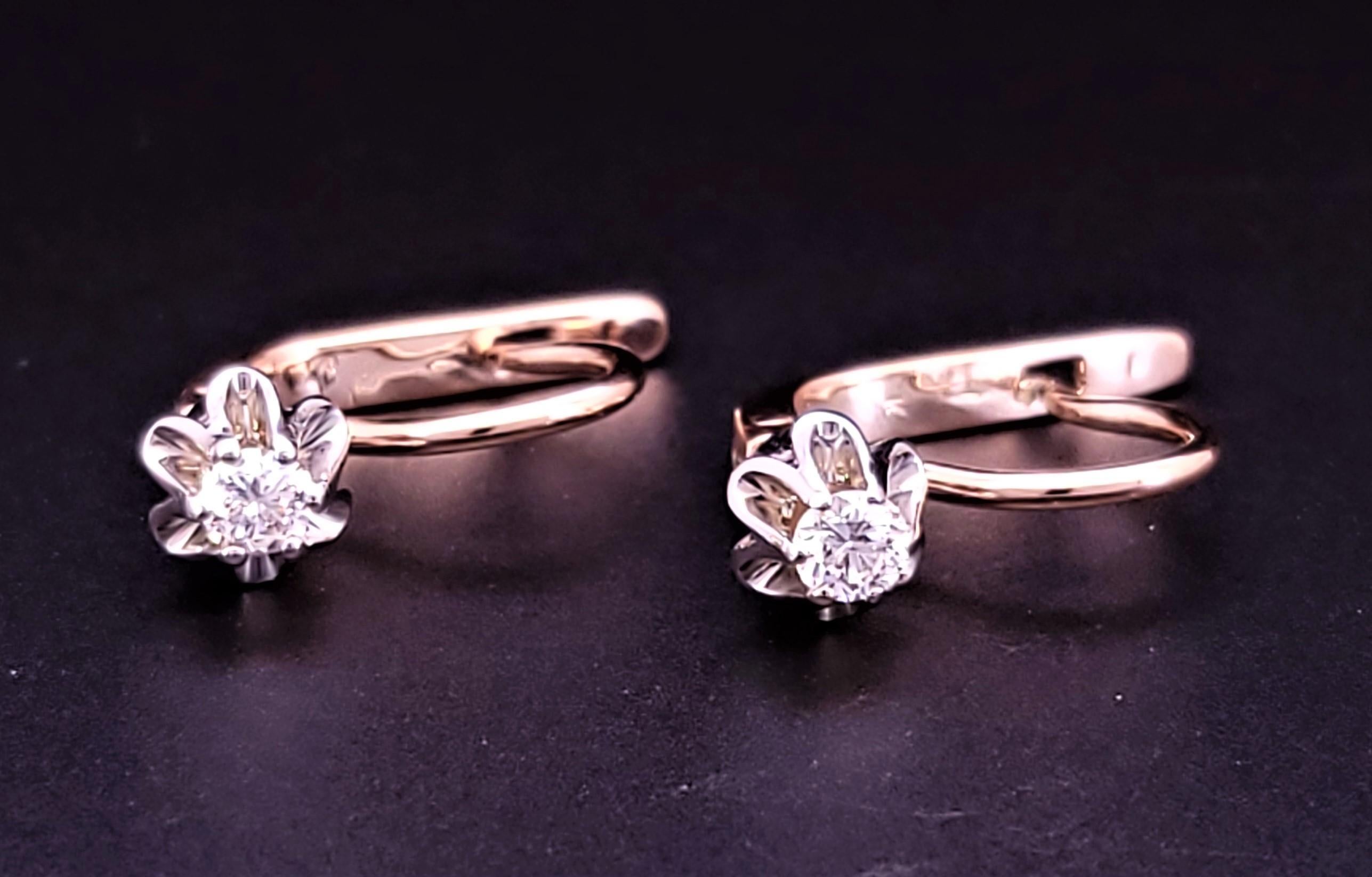 Soviet Russian Earrings  14K Rose & White Gold with diamond In Excellent Condition In New York, NY