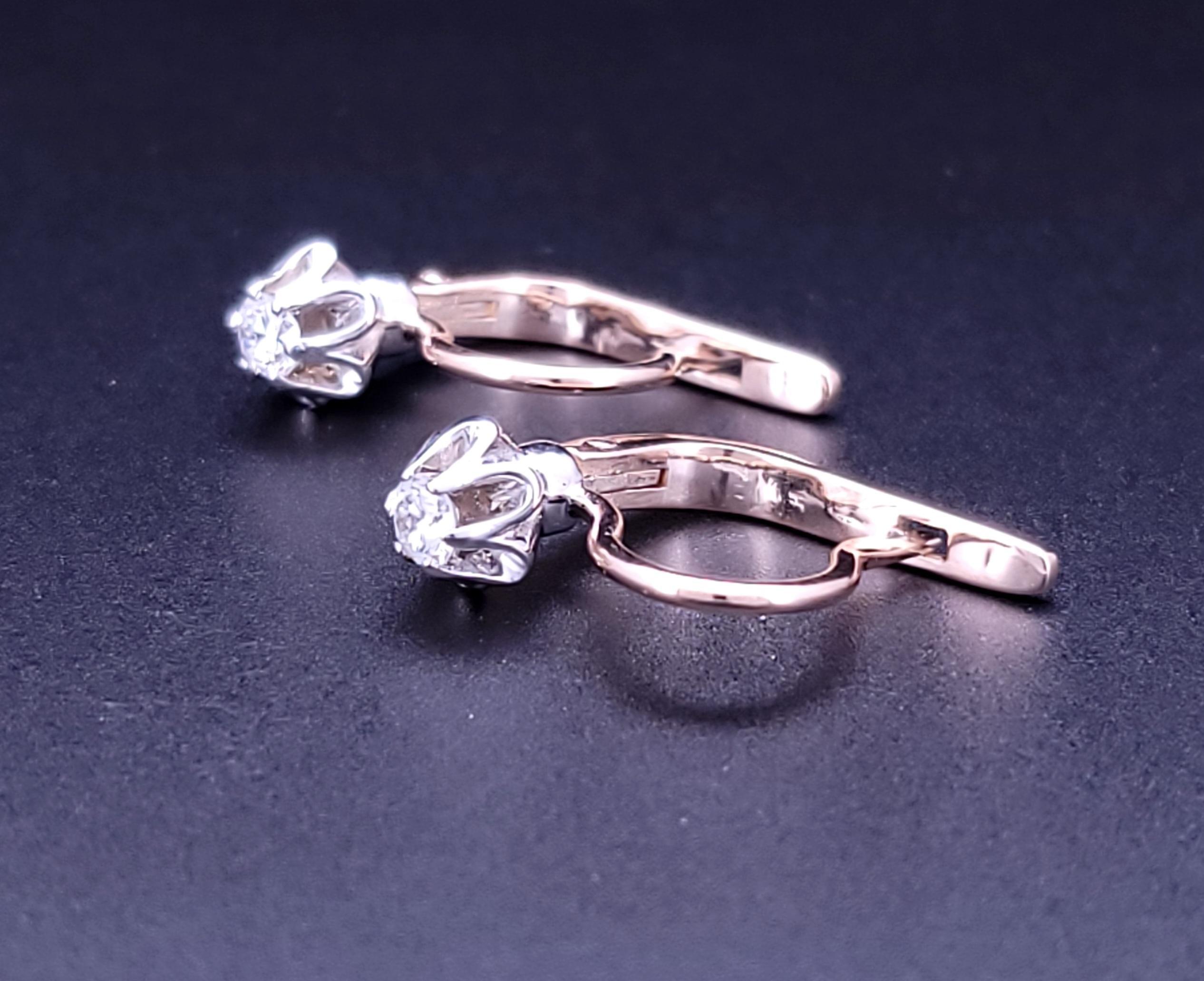Women's Soviet Russian Earrings  14K Rose & White Gold with diamond