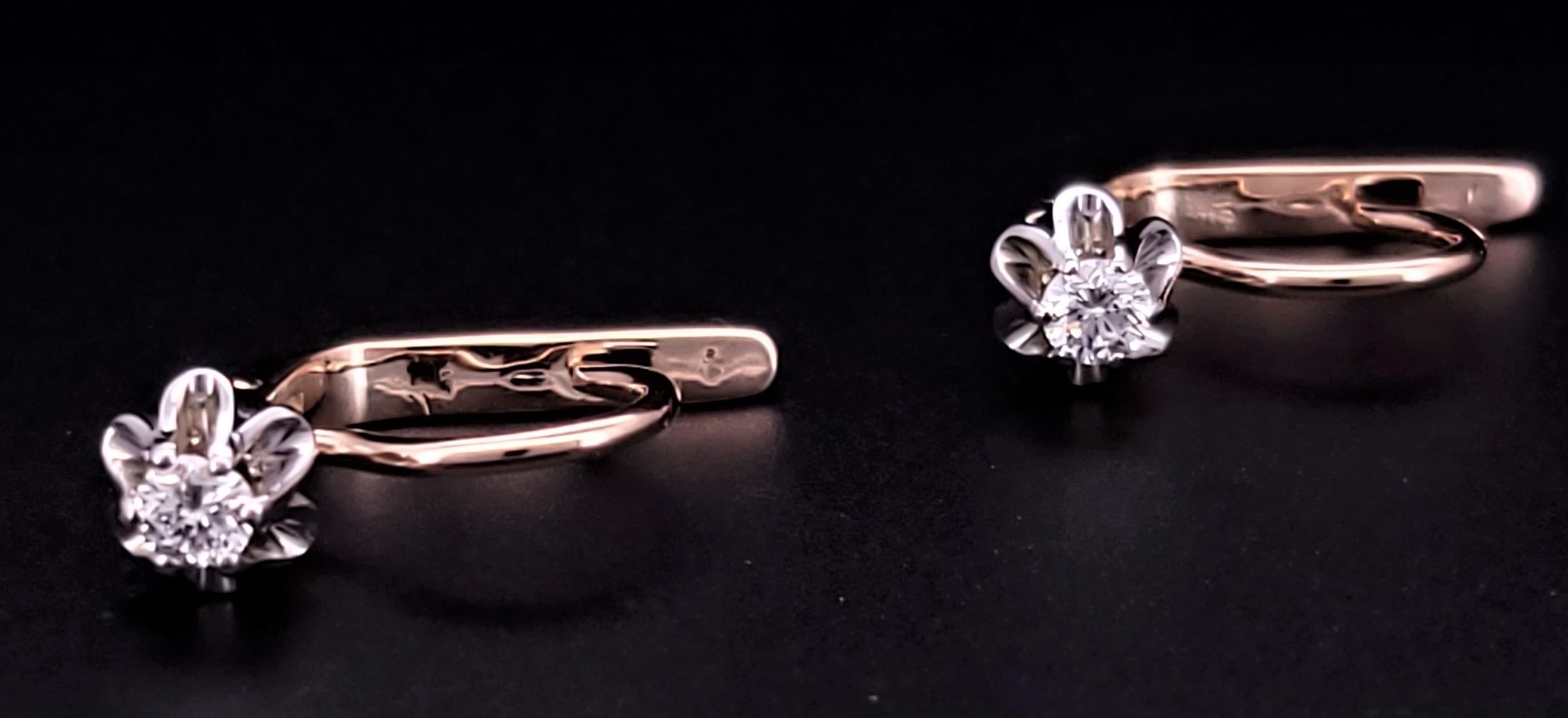 Soviet Russian Earrings  14K Rose & White Gold with diamond 1
