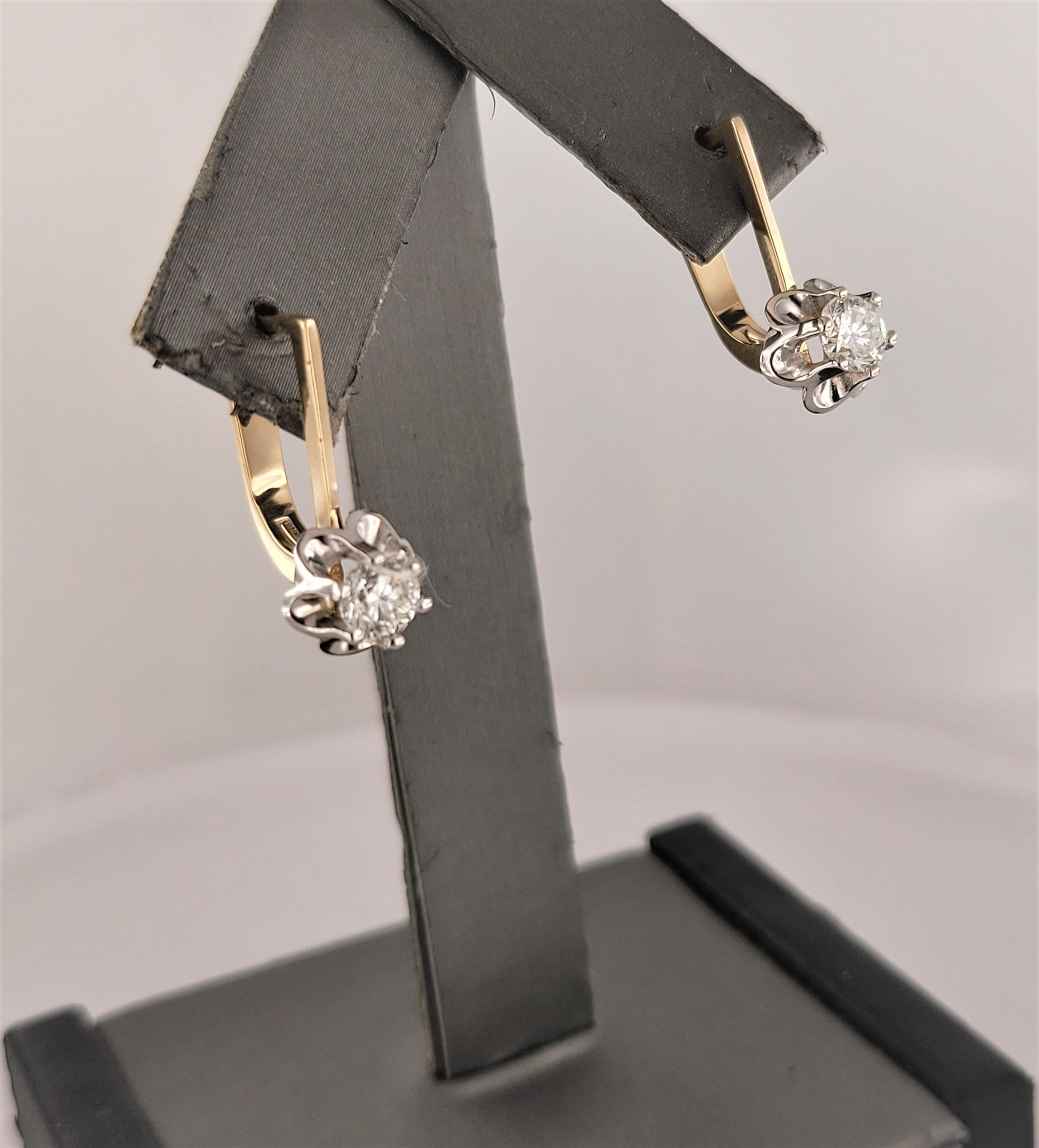 Round Cut Soviet Russian earrings 14K Yellow & White gold with Diamond For Sale
