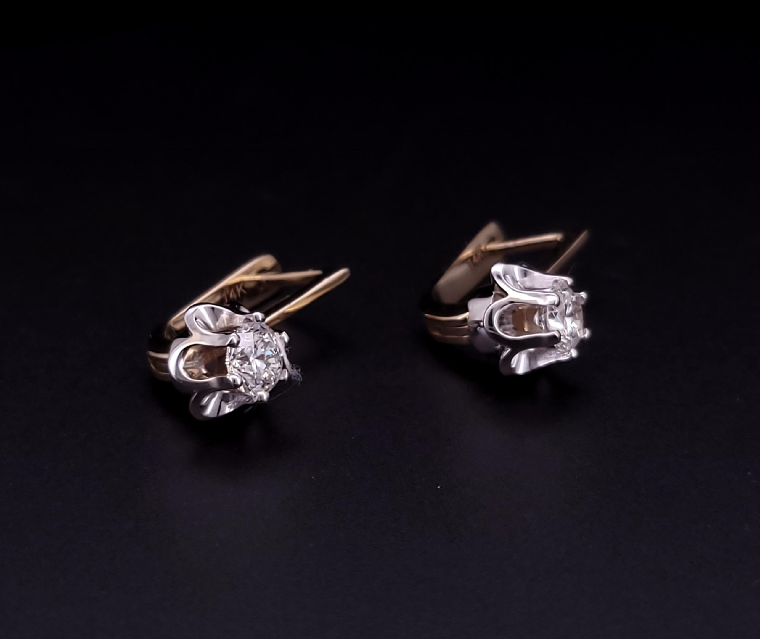 Women's Soviet Russian earrings 14K Yellow & White gold with Diamond For Sale