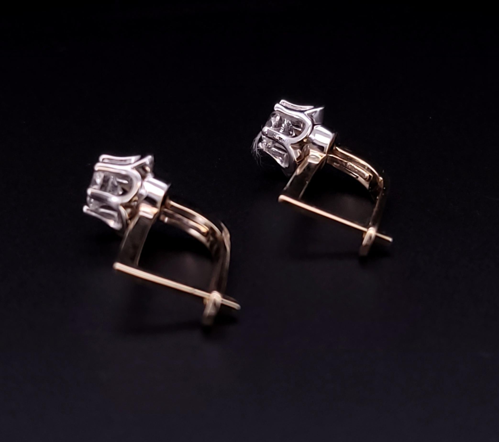 Soviet Russian earrings 14K Yellow & White gold with Diamond For Sale 2