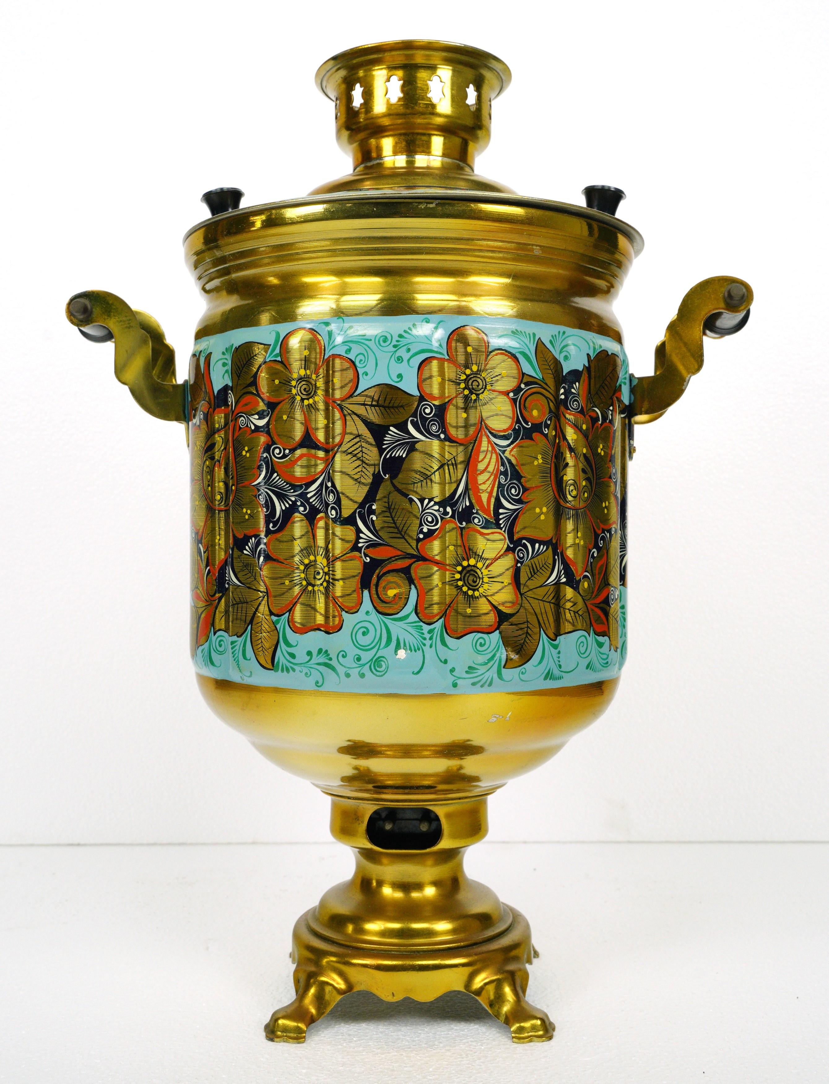 Soviet Russian Floral Brass Electric Samovar Teapot Antique For Sale 3