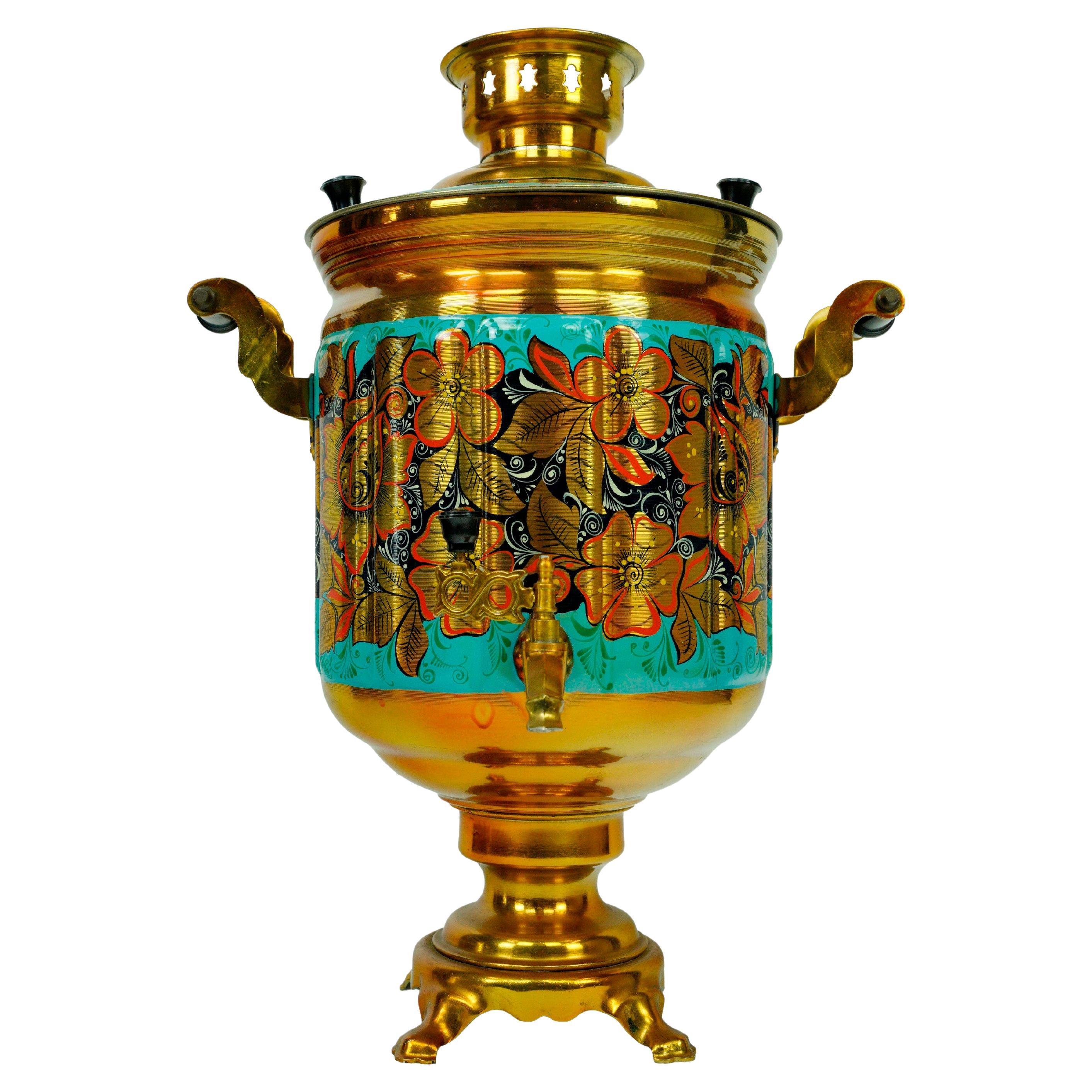 Soviet Russian Floral Brass Electric Samovar Teapot Antique For Sale
