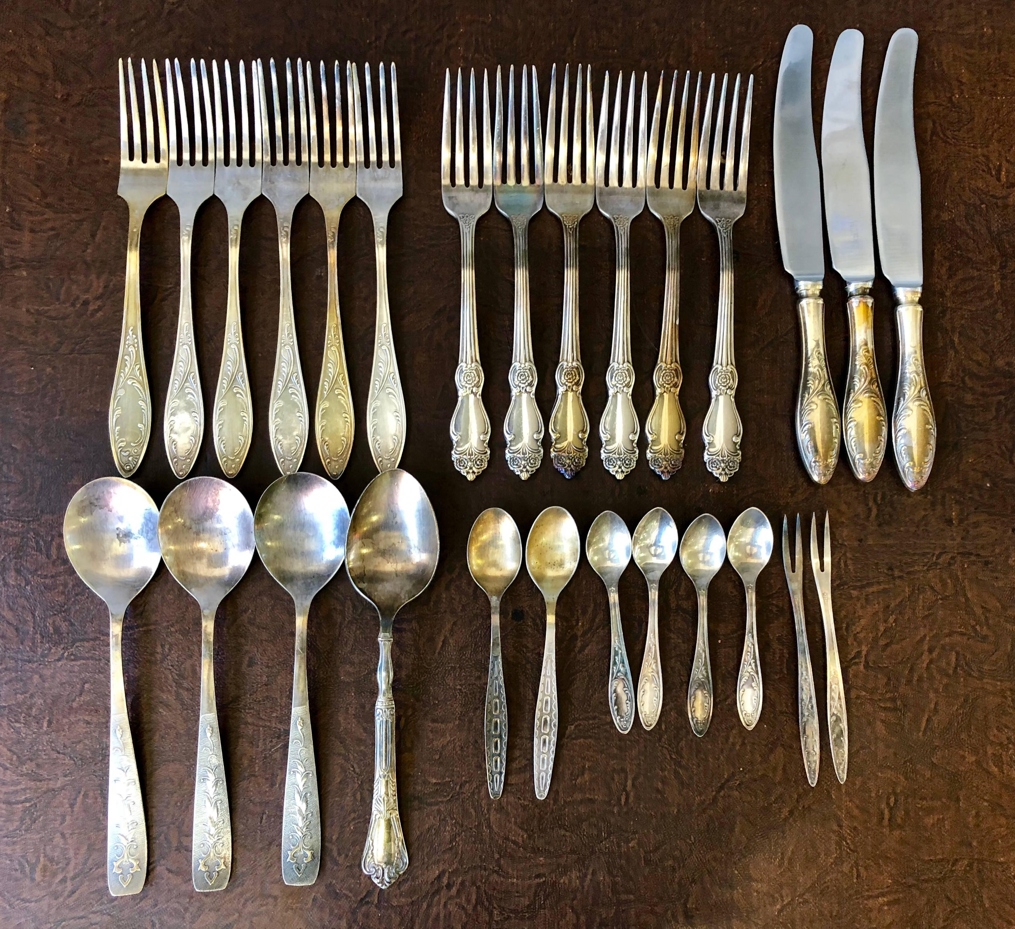 Vintage Russian German silver Melchior set of:
12 forks (six x two different ornaments)
Six (Two dessert or cake and four tea ) spoons
Three knives
Four soup spoons ( one is different style)
Two little forks.
Complimentary Shipping Worldwide !!!