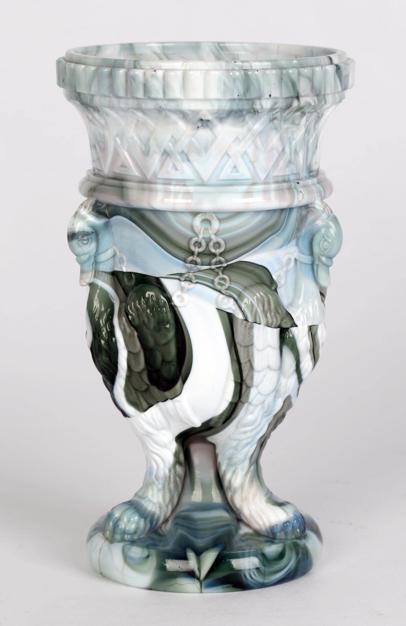Sowerby Molded Marbled Slag Glass Gryphon Vase For Sale 1