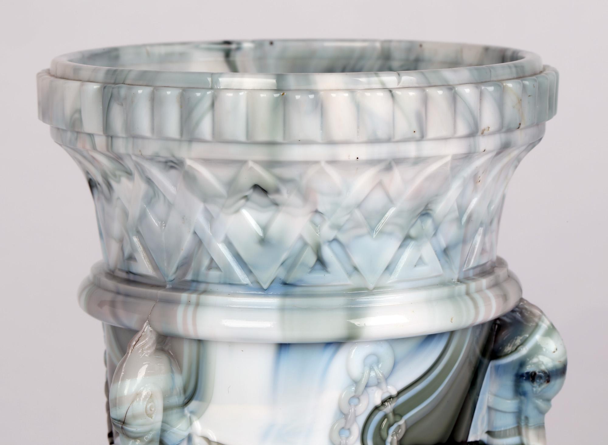 Sowerby Molded Marbled Slag Glass Gryphon Vase For Sale 3