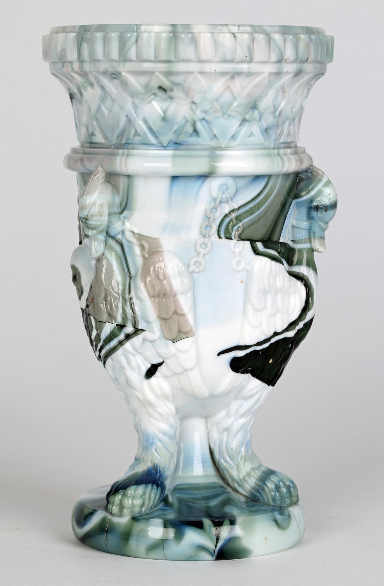 English Sowerby Molded Marbled Slag Glass Gryphon Vase For Sale