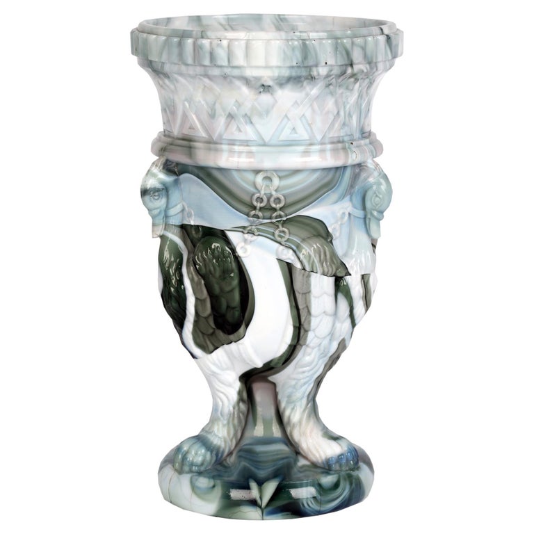 Sowerby Molded Marbled Slag Glass Gryphon Vase For Sale at 1stDibs