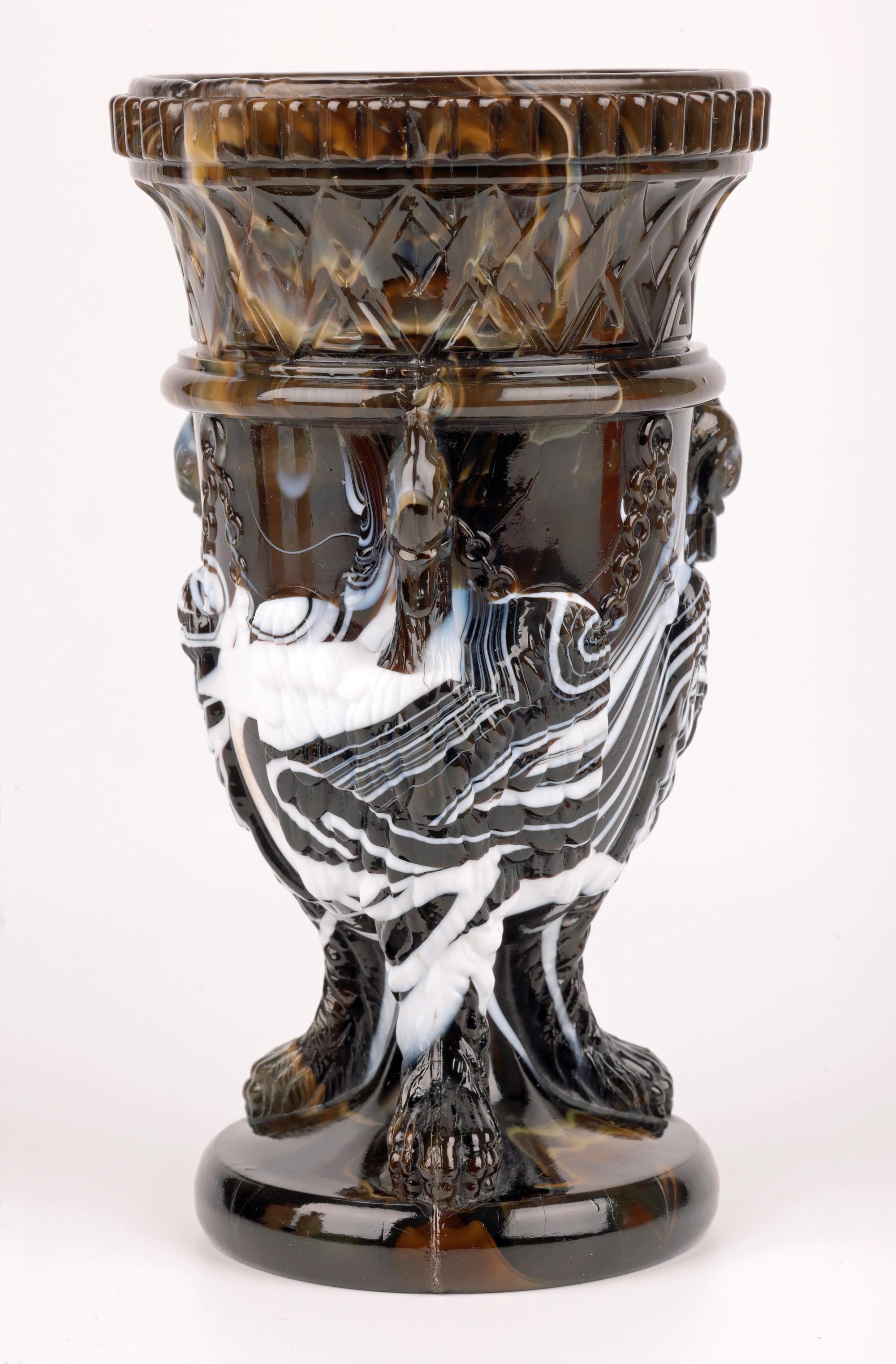 Sowerby Molded Unusual Brown Marbled Slag Glass Gryphon Vase For Sale 4