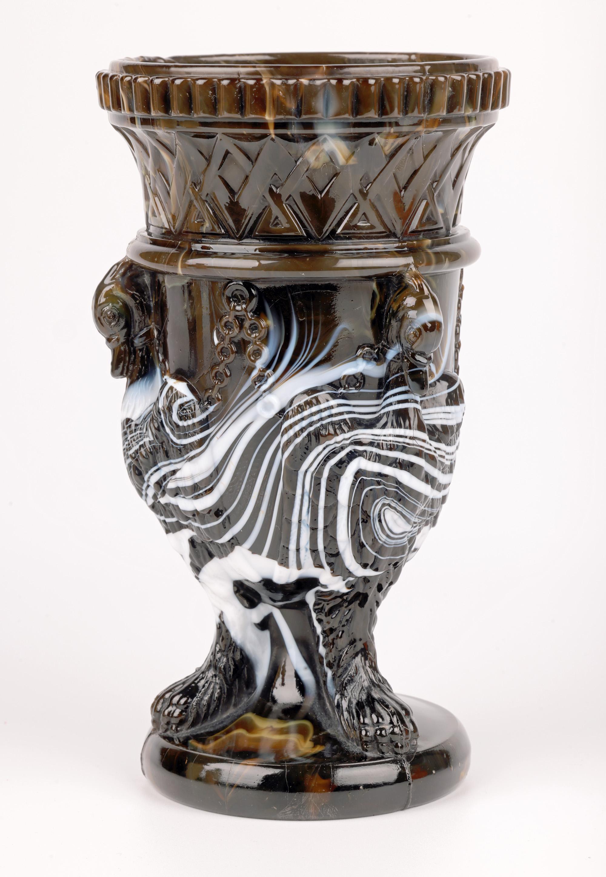 Sowerby Molded Unusual Brown Marbled Slag Glass Gryphon Vase For Sale 9