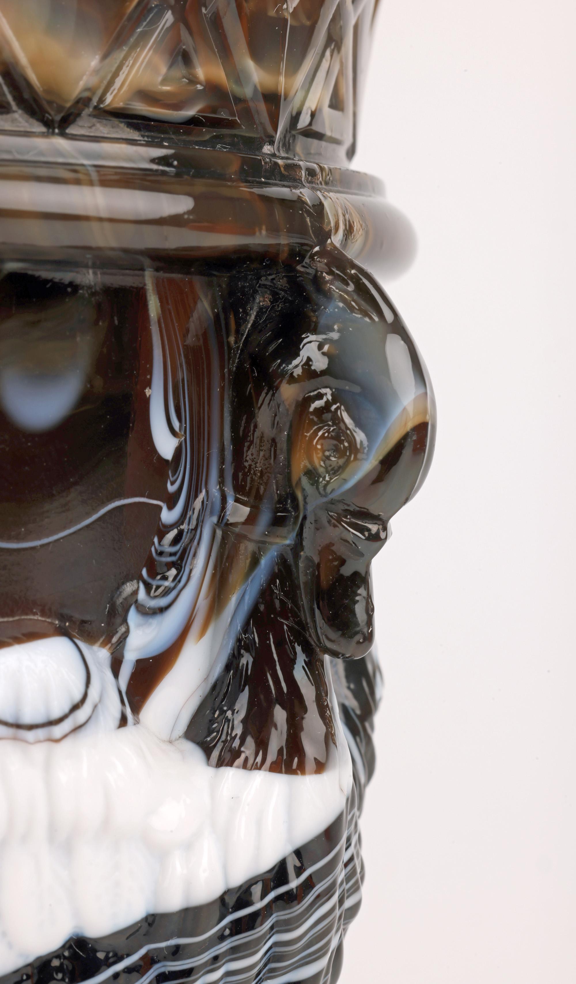 Sowerby Molded Unusual Brown Marbled Slag Glass Gryphon Vase For Sale 11