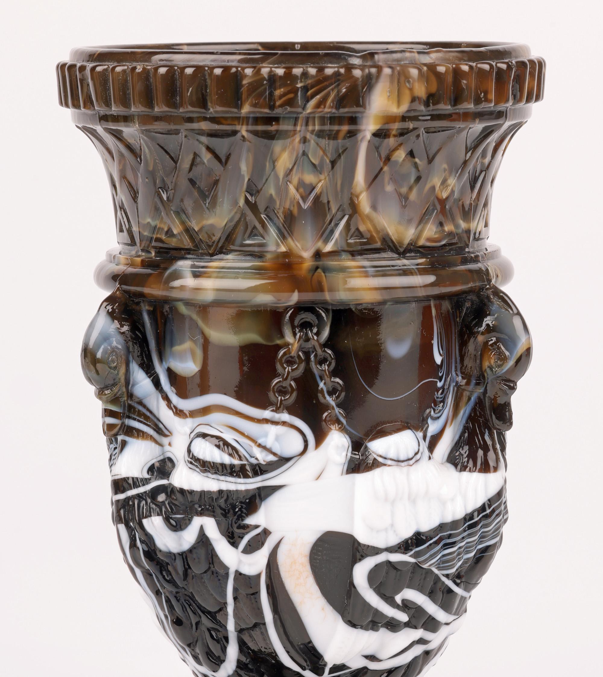 English Sowerby Molded Unusual Brown Marbled Slag Glass Gryphon Vase For Sale