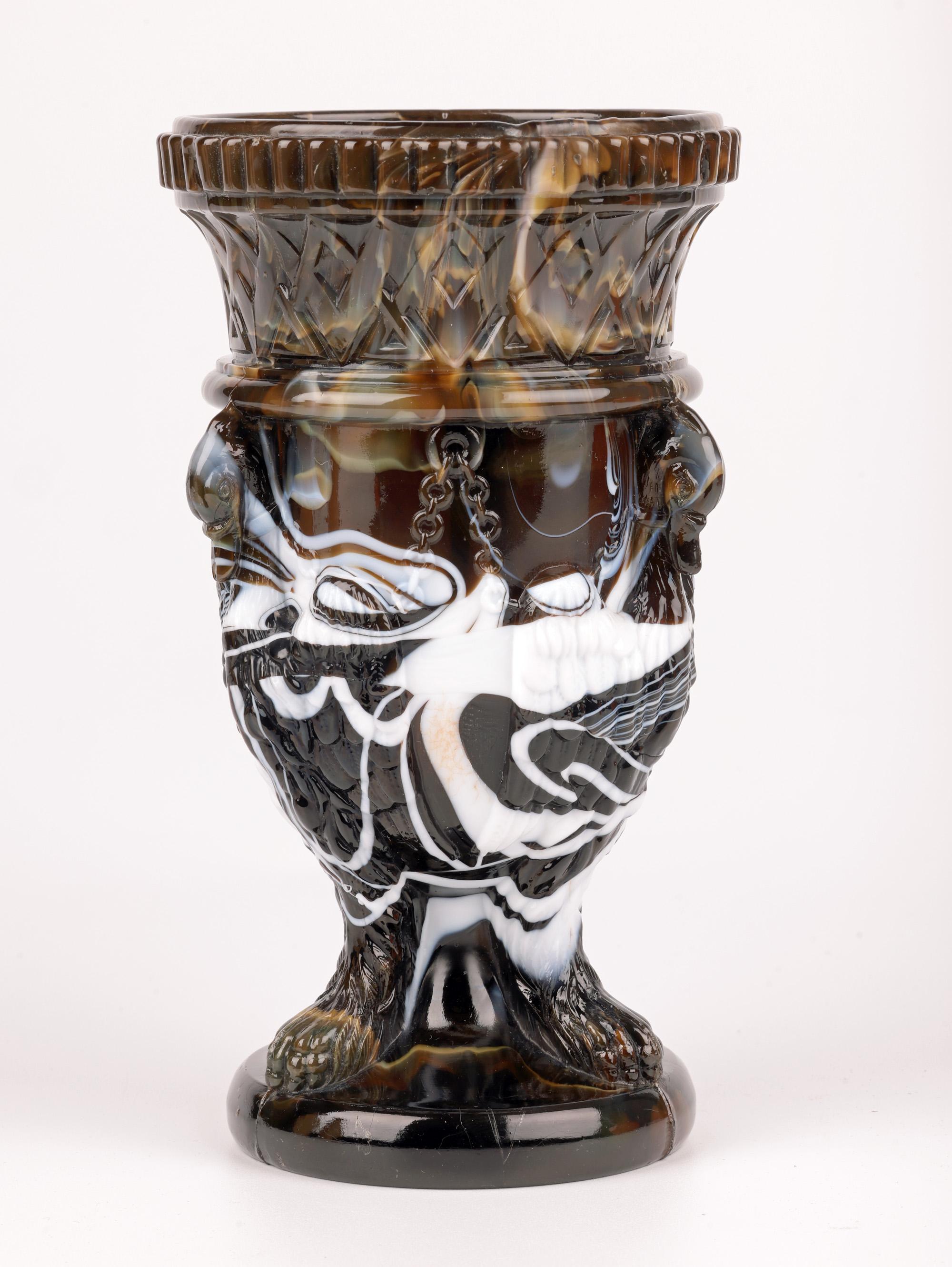 Late 19th Century Sowerby Molded Unusual Brown Marbled Slag Glass Gryphon Vase For Sale