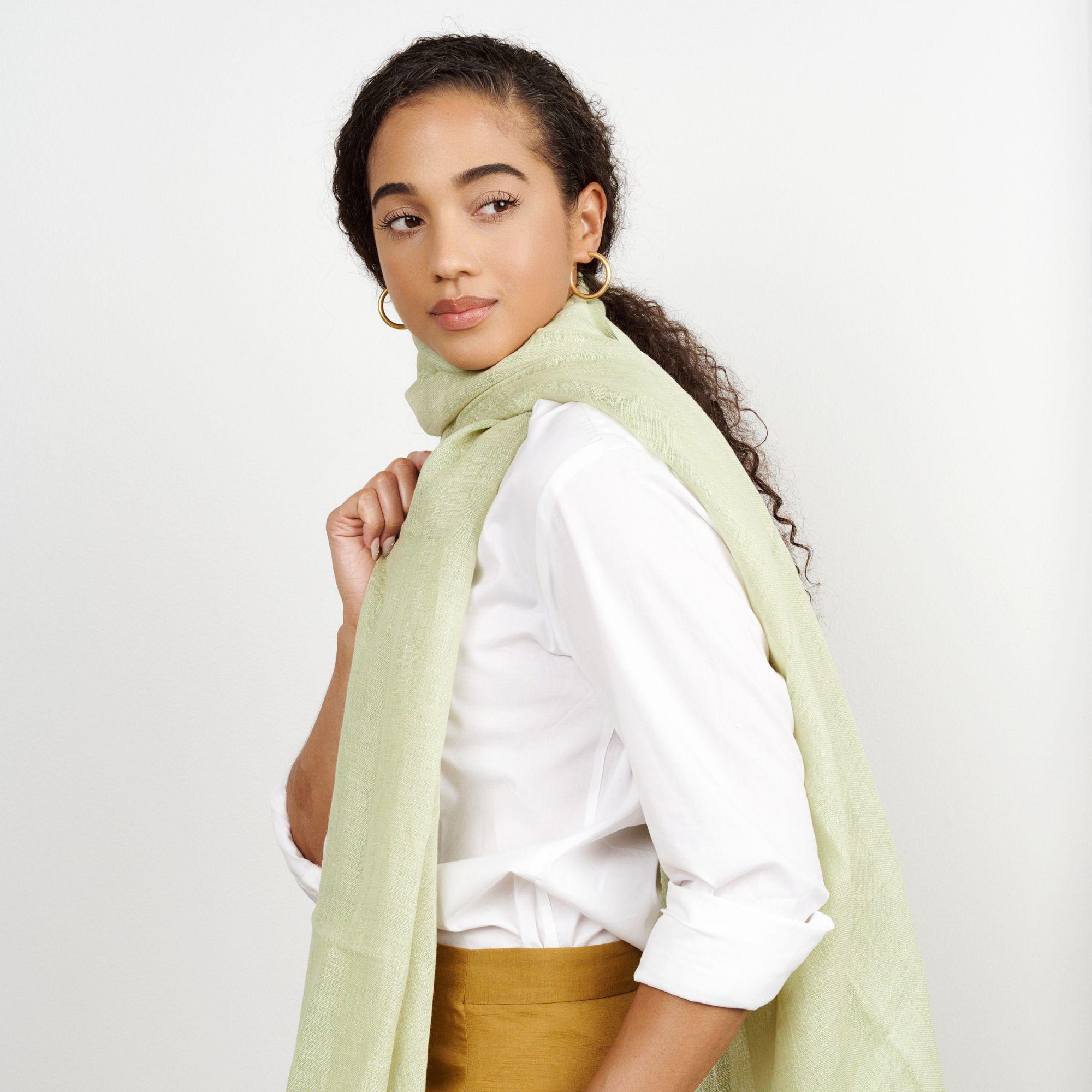 Women's Soya  Linen Scarf, Handwoven By Artisans in soft pastel lemon green hues For Sale