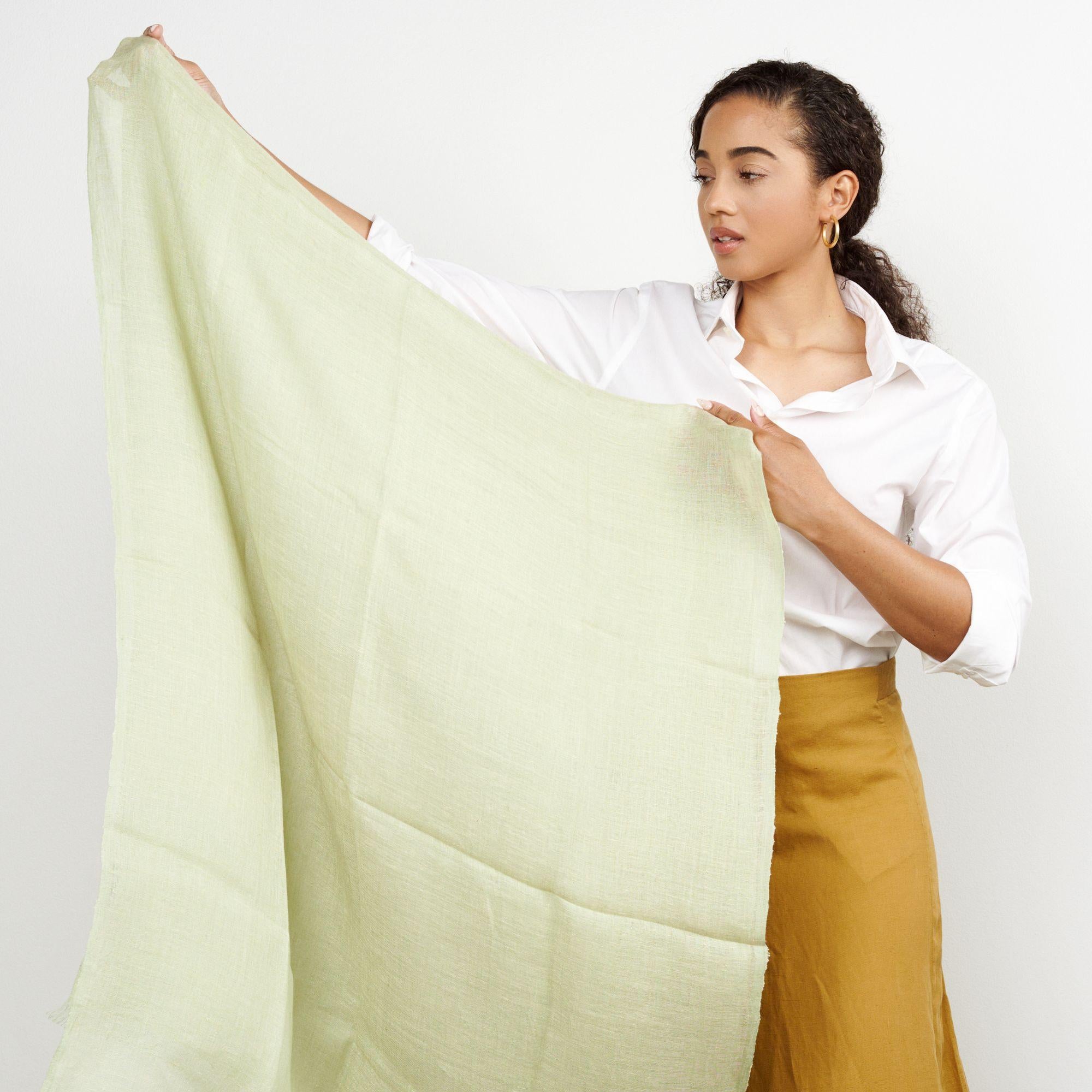 Soya  Linen Scarf, Handwoven By Artisans in soft pastel lemon green hues For Sale 1
