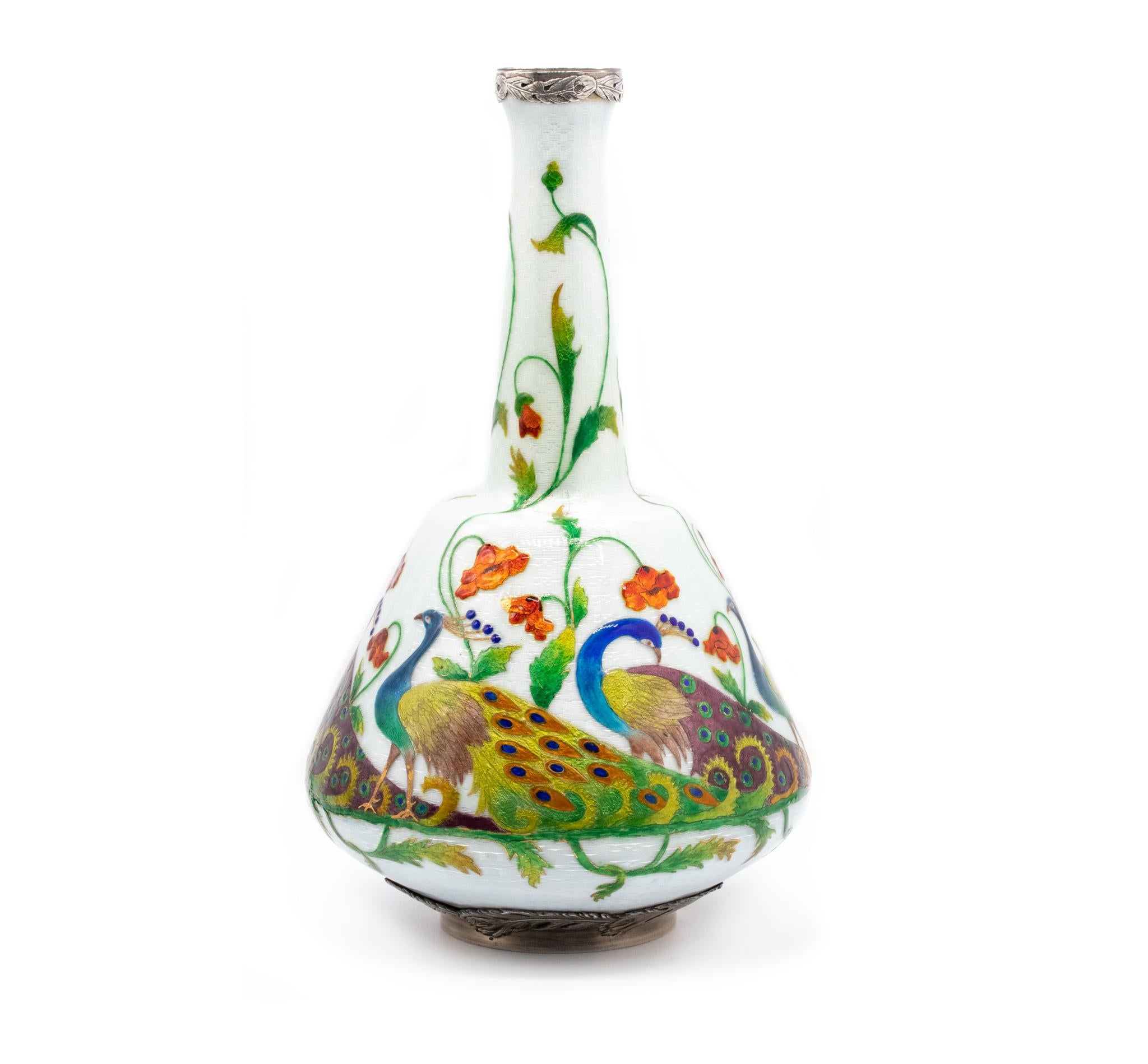 Soyer Et Fils 1900 Paris Art Nouveau Exhibition Peacocks Enamel Vase in Sterling For Sale 2