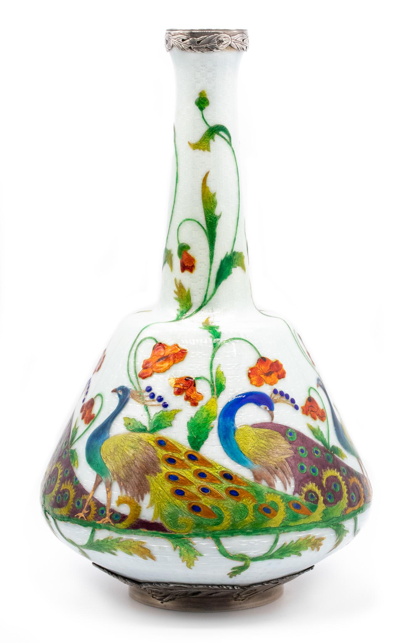 Soyer Et Fils 1900 Paris Art Nouveau Exhibition Peacocks Enamel Vase in Sterling For Sale