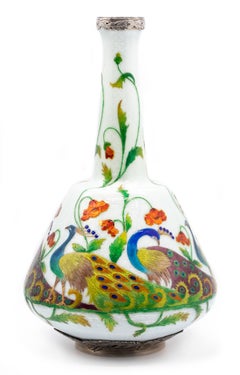 Soyer Et Fils 1900 Paris Art Nouveau Exhibition Peacocks Enamel Vase in Sterling