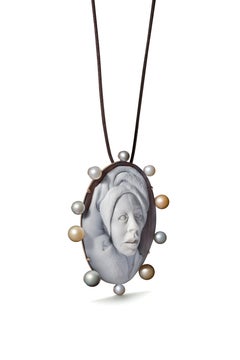 Spa Cameo in 18K Pink Gold with White, Pink and Gray Pearls by Cindy Sherman