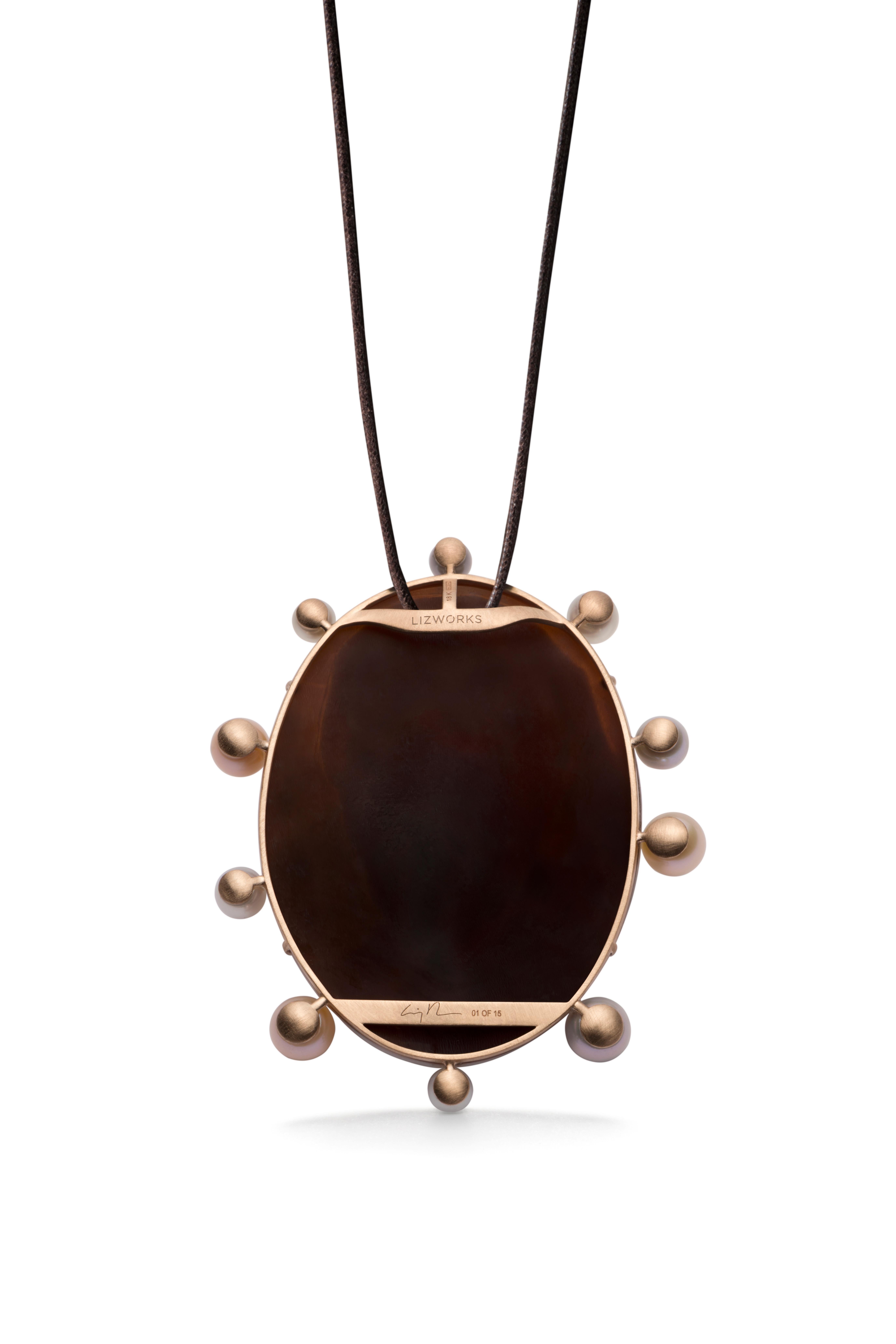 Italian Spa Cameo in 18K Pink Gold with White, Pink and Gray Pearls by Cindy Sherman For Sale