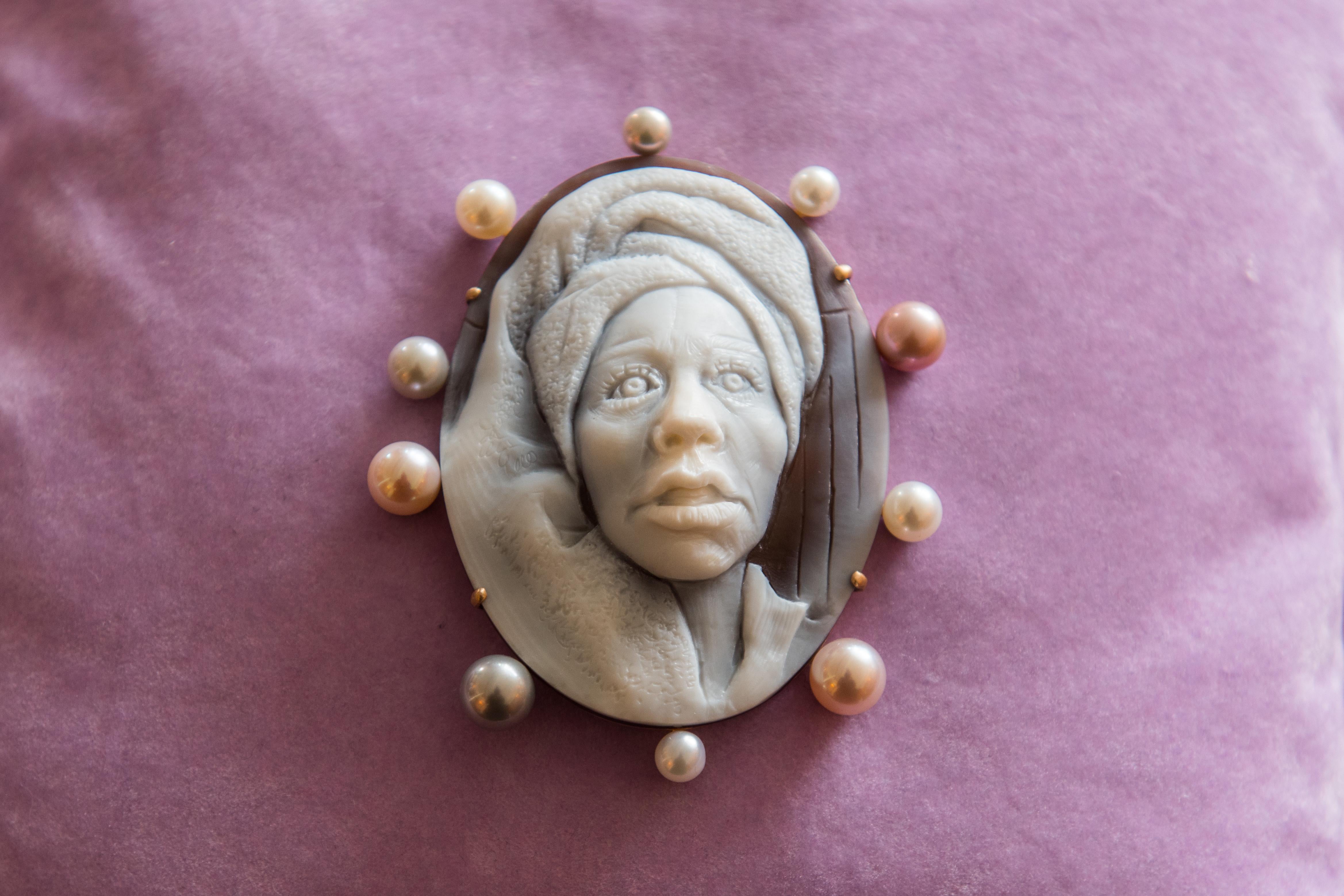 Hand-Carved Spa Cameo in 18K Pink Gold with White, Pink and Gray Pearls by Cindy Sherman For Sale