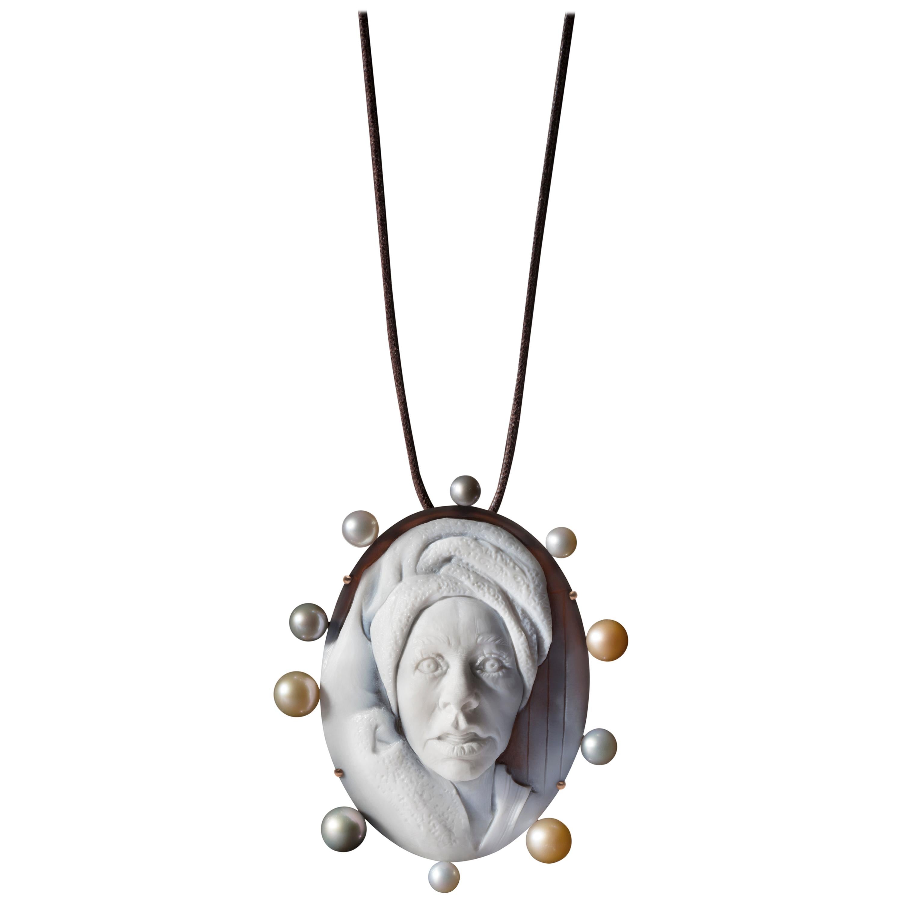 Spa Cameo in 18K Pink Gold with White, Pink and Gray Pearls by Cindy Sherman For Sale