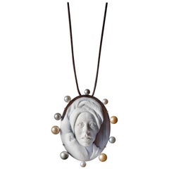 Spa Cameo in 18K Pink Gold with White, Pink and Gray Pearls by Cindy Sherman