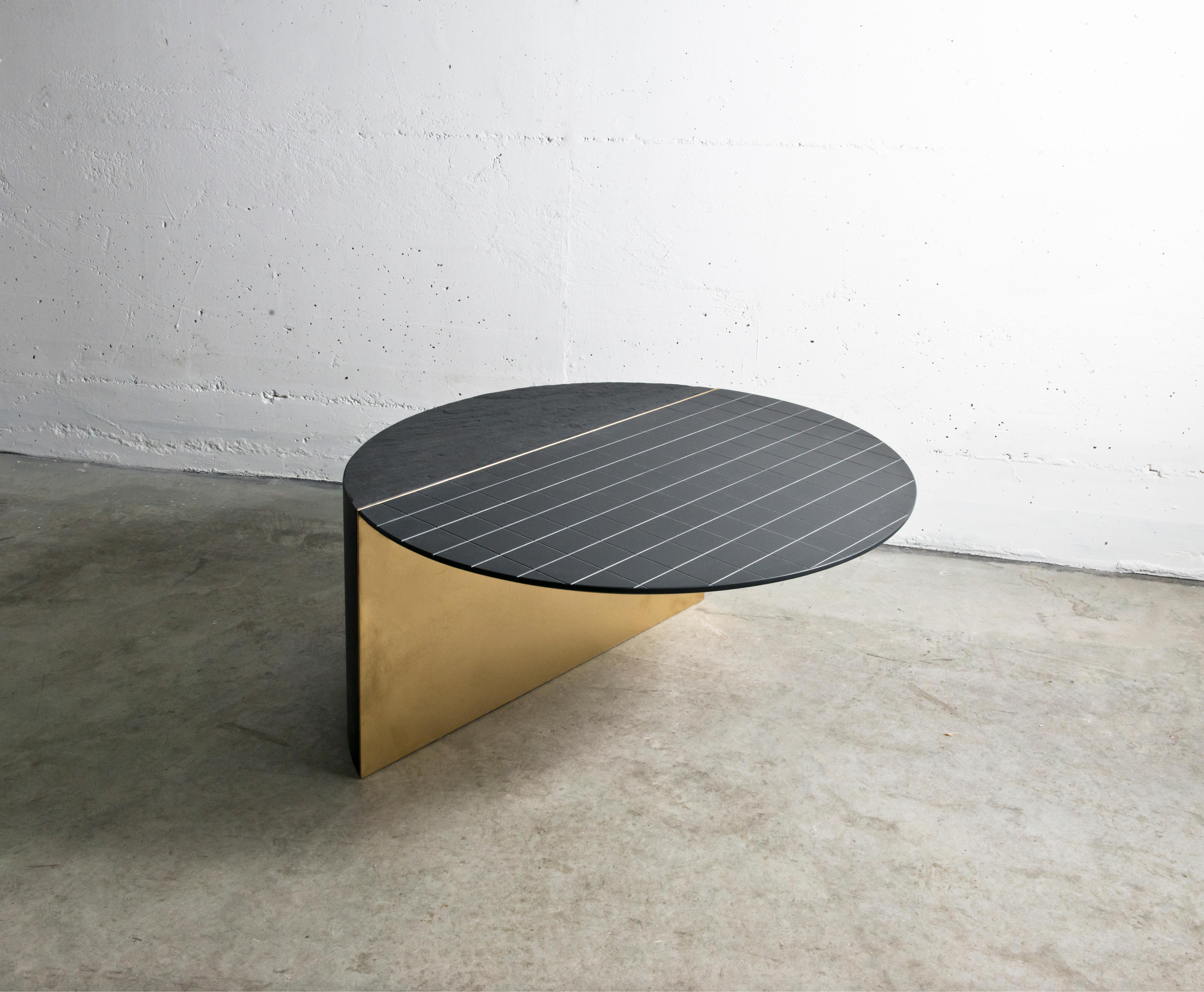 Stainless Steel Spacco Coffee Table in Lavagna Stone/Ardesia and Natural Pale-Gold Painted Steel For Sale