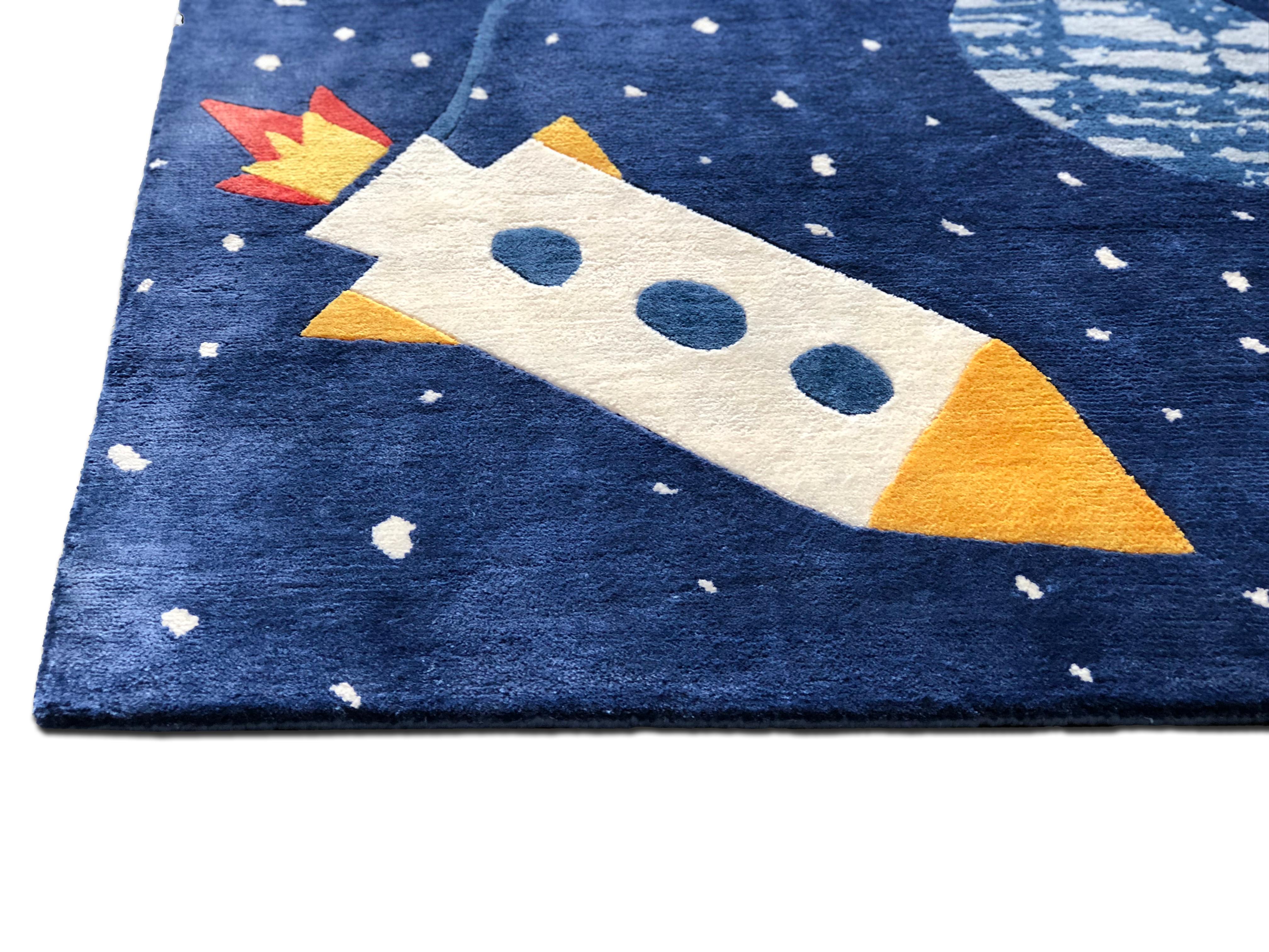 Space Ace Teppich von Daria Solak, handgeknüpft, 100 % neuseeländische Wolle, Größe 100x125cm (Handgeknüpft) im Angebot