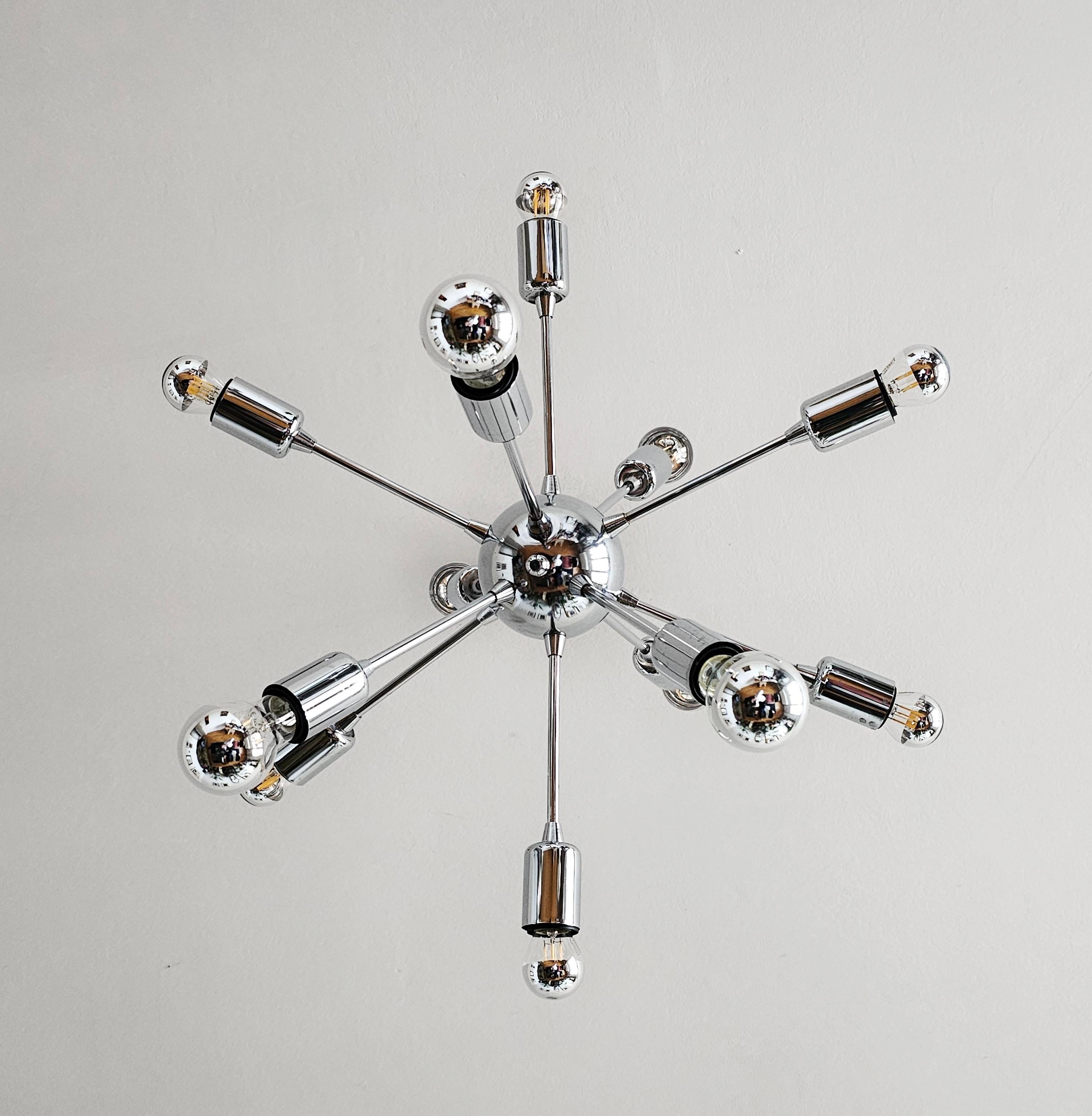 Chrome Space Age 12-Arm Sputnik Chandelier done in chrome, Austria 1980s For Sale