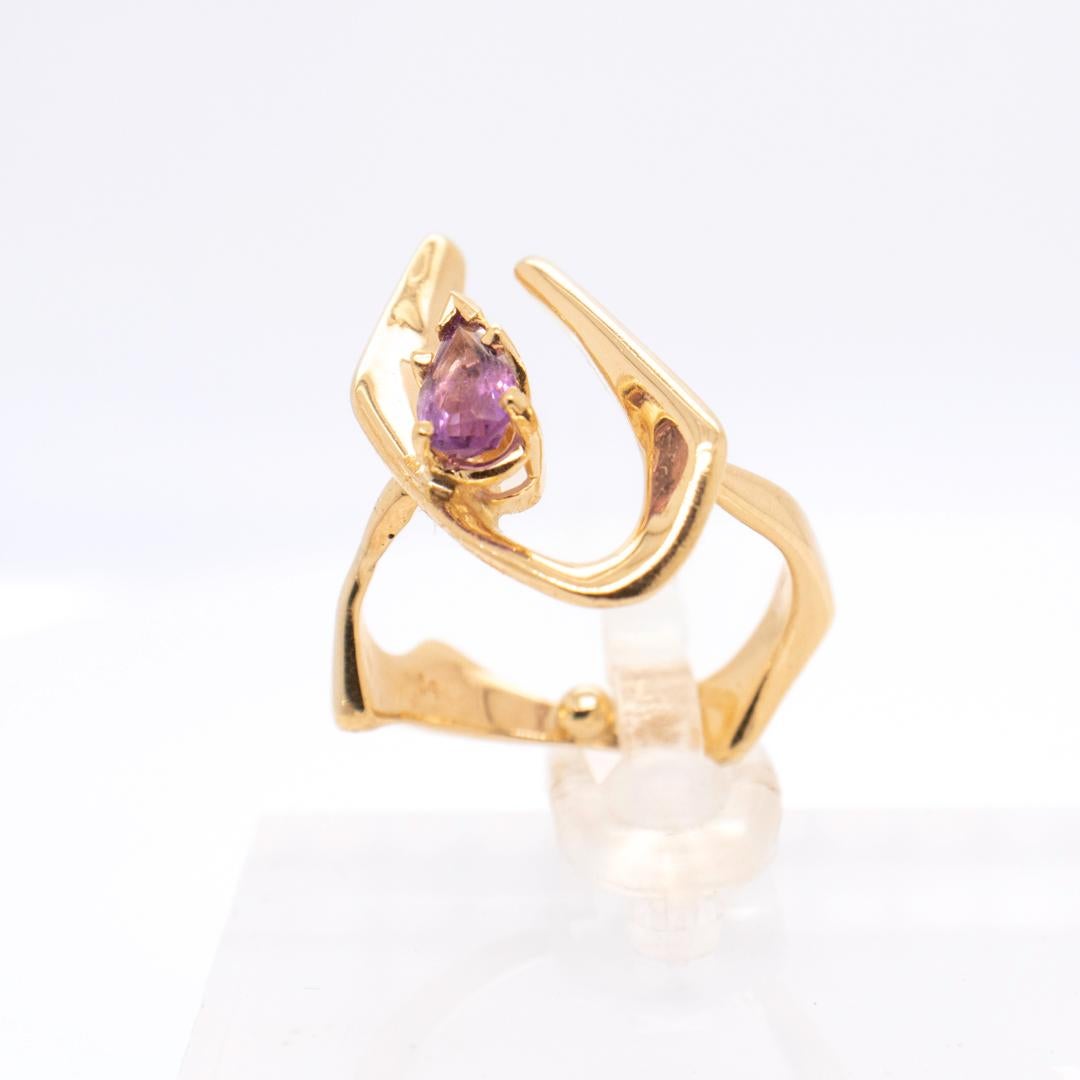 Space Age 14k Gold & Amethyst Modernist Ring For Sale 6