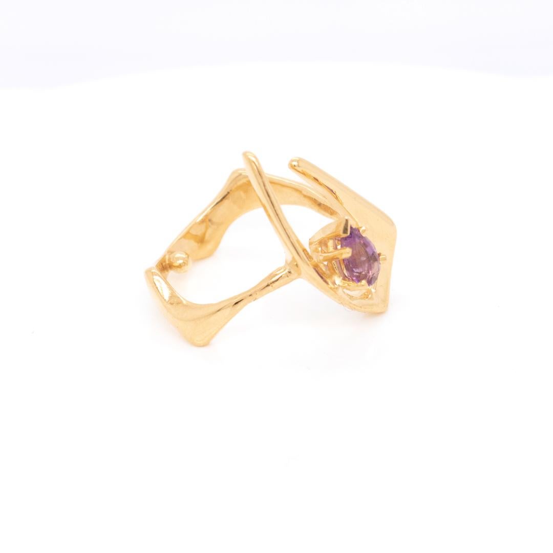 Pear Cut Space Age 14k Gold & Amethyst Modernist Ring For Sale