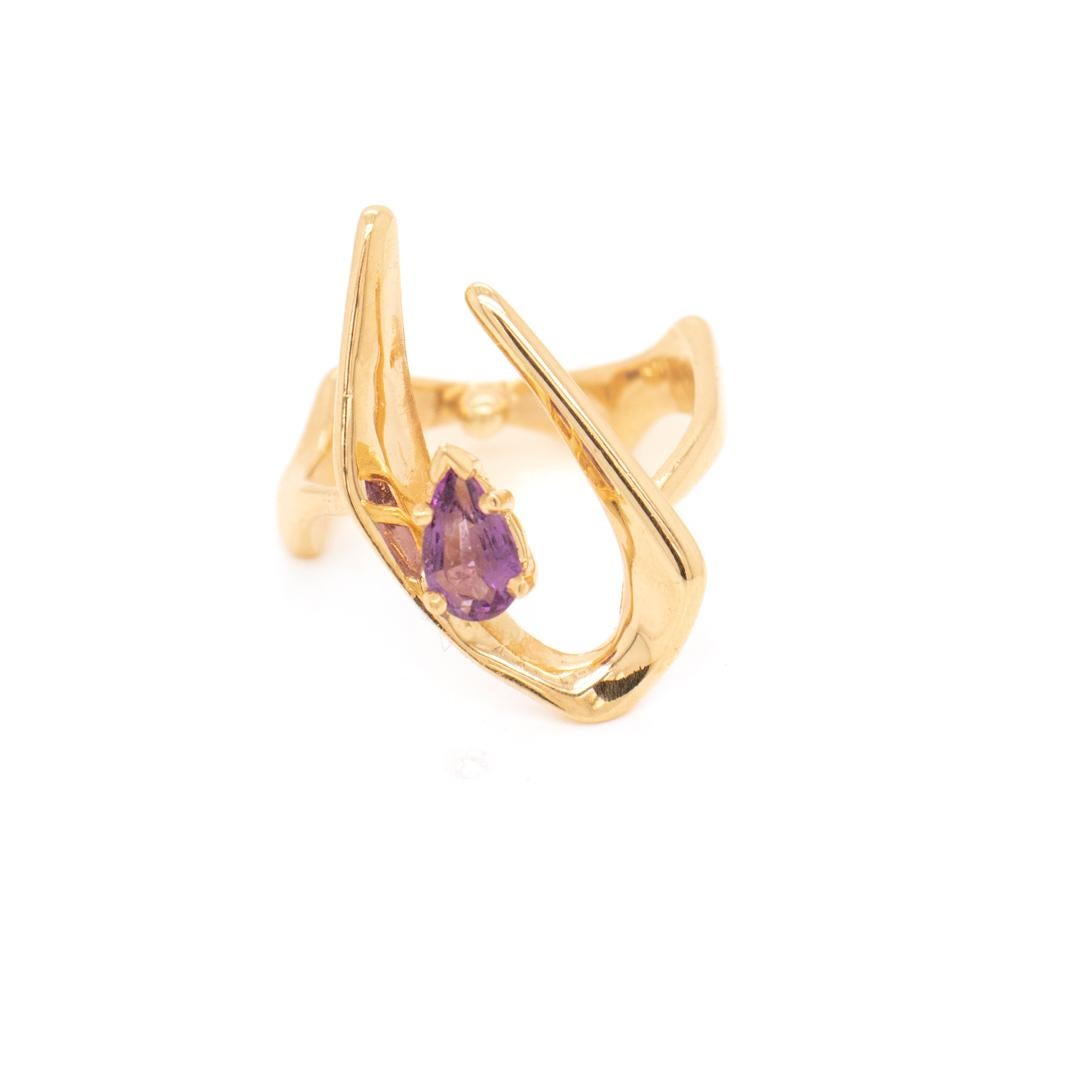 Women's Space Age 14k Gold & Amethyst Modernist Ring For Sale